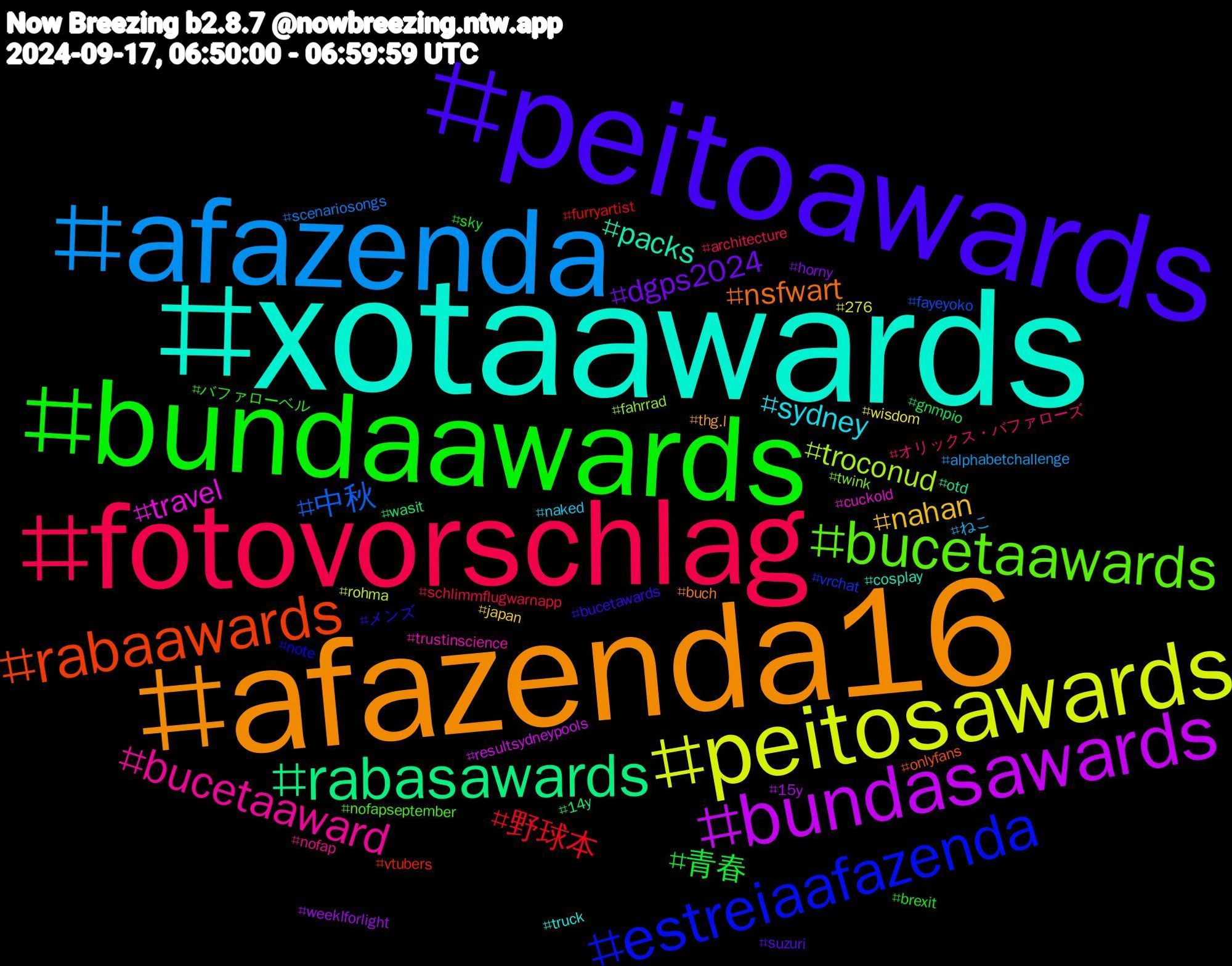 Hashtag Cloud; its hashtagged words/phrases (sorted by weighted frequency, descending):  xotaawards, afazenda16, peitoawards, bundaawards, fotovorschlag, afazenda, peitosawards, bundasawards, rabasawards, rabaawards, estreiaafazenda, bucetaawards, bucetaaward, sydney, nahan, dgps2024, 青春, 野球本, 中秋, troconud, travel, packs, nsfwart, メンズ, バファローベル, オリックス・バファローズ, ねこ, wisdom, weeklforlight, wasit, vtubers, vrchat, twink, trustinscience, truck, thg.l, suzuri, sky, schlimmflugwarnapp, scenariosongs, rohma, resultsydneypools, otd, onlyfans, note, nofapseptember, nofap, naked, japan, horny, gnmpio, furryartist, fayeyoko, fahrrad, cuckold, cosplay, buch, bucetawards, brexit, architecture, alphabetchallenge, 276, 15y, 14y