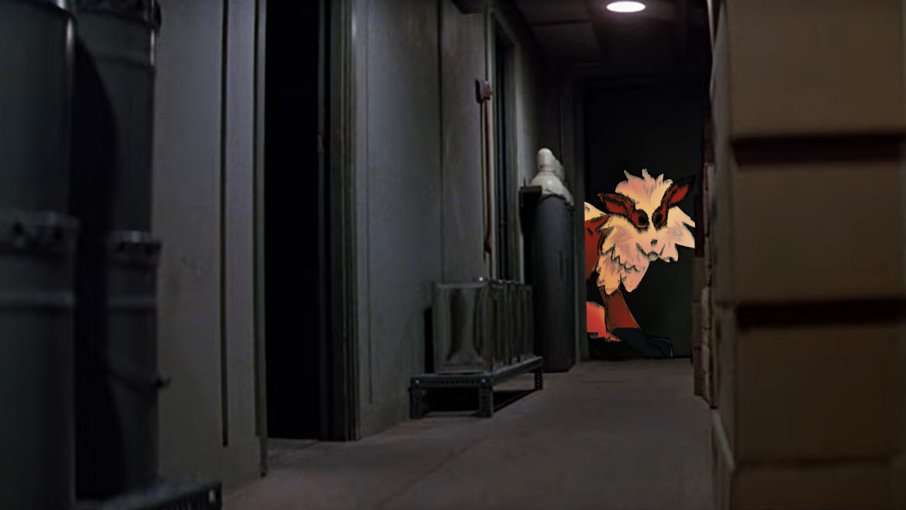 An edit of a scene from the 1982 film The Thing; the dog is gingerly stepping into a hallway, staring down the scene towards the camera. The dog has been replaced with a drawing of an Arcanine in the same pose. The background of the scene is a screenshot instead of being redrawn.