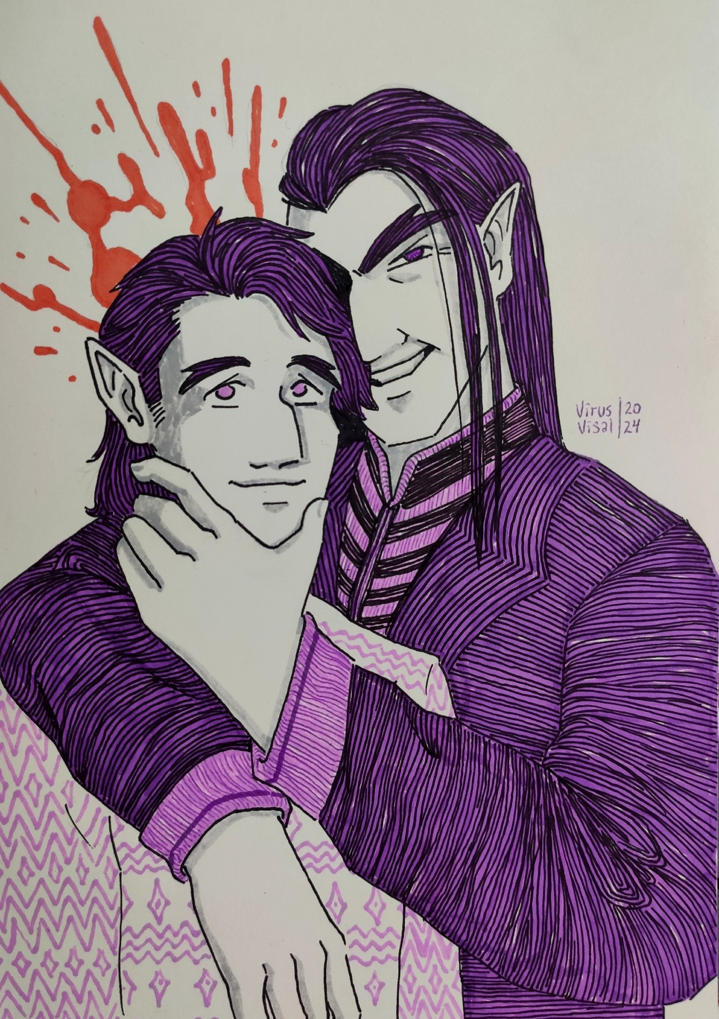 Sergei smiling at the camera, Strahd is behind him, one arm over his shoulder and holding Sergei's chin while smiling wickedly. A splash of blood behind Sergei's head.