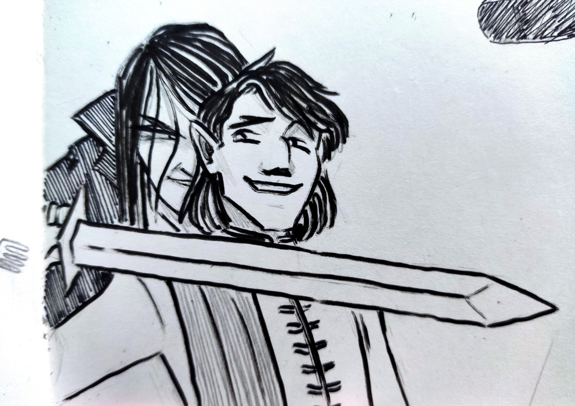 Strahd holding a sword at Sergei's throat from behind, Sergei is smiling completely oblivious to his older brother intentions 