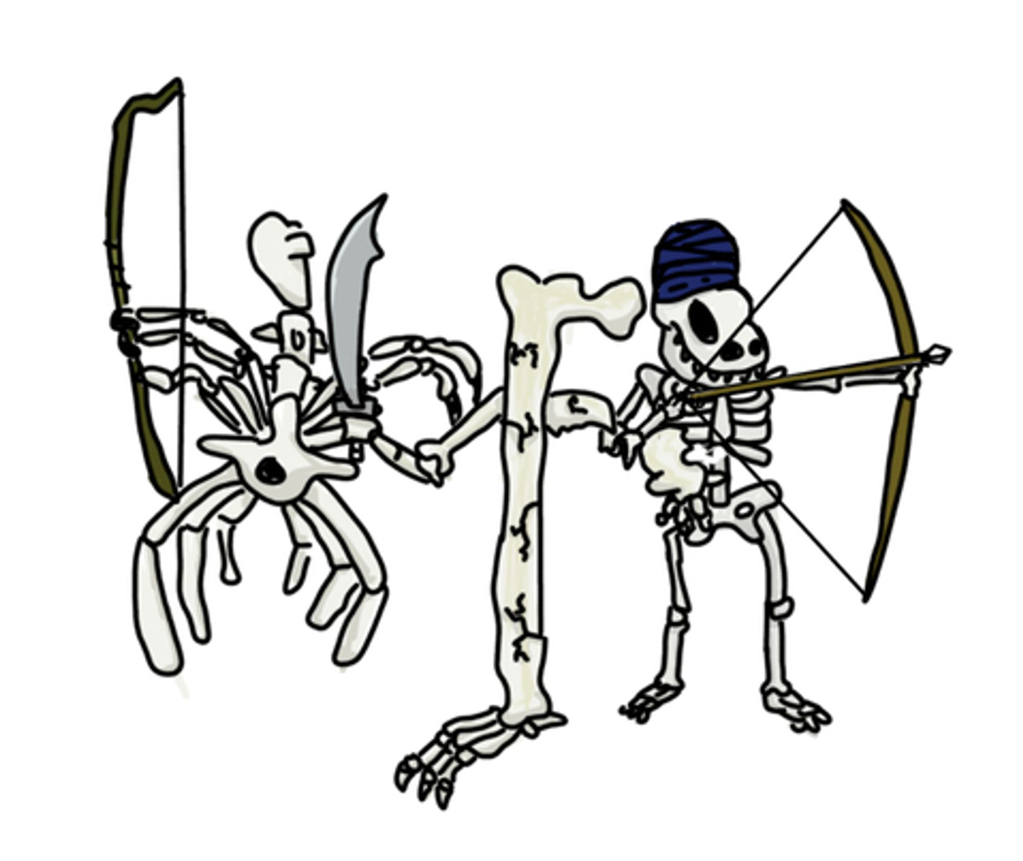 Three animated skeletons. The left skeleton has a giant ribcage for legs, making it like a spider. It has giant claws for arms and ribs and a shoulder blade for a head. The middle skeleton is a giant femur with a single foot, holding a sword. The last skeleton has a draconic head and is wearing a blue turban.