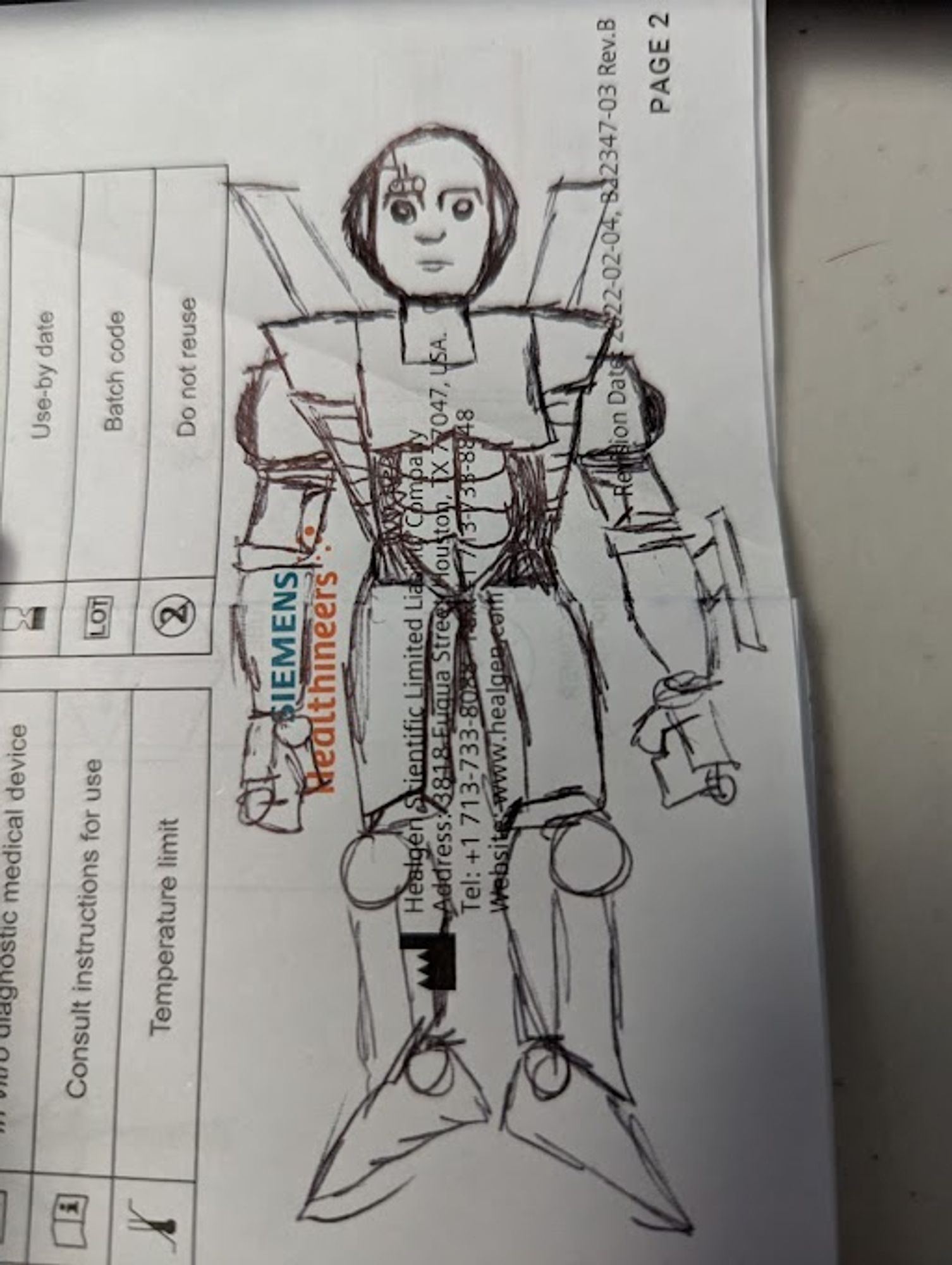 a quick pen sketch of an armored robot guy on the instruction for a Covid test.