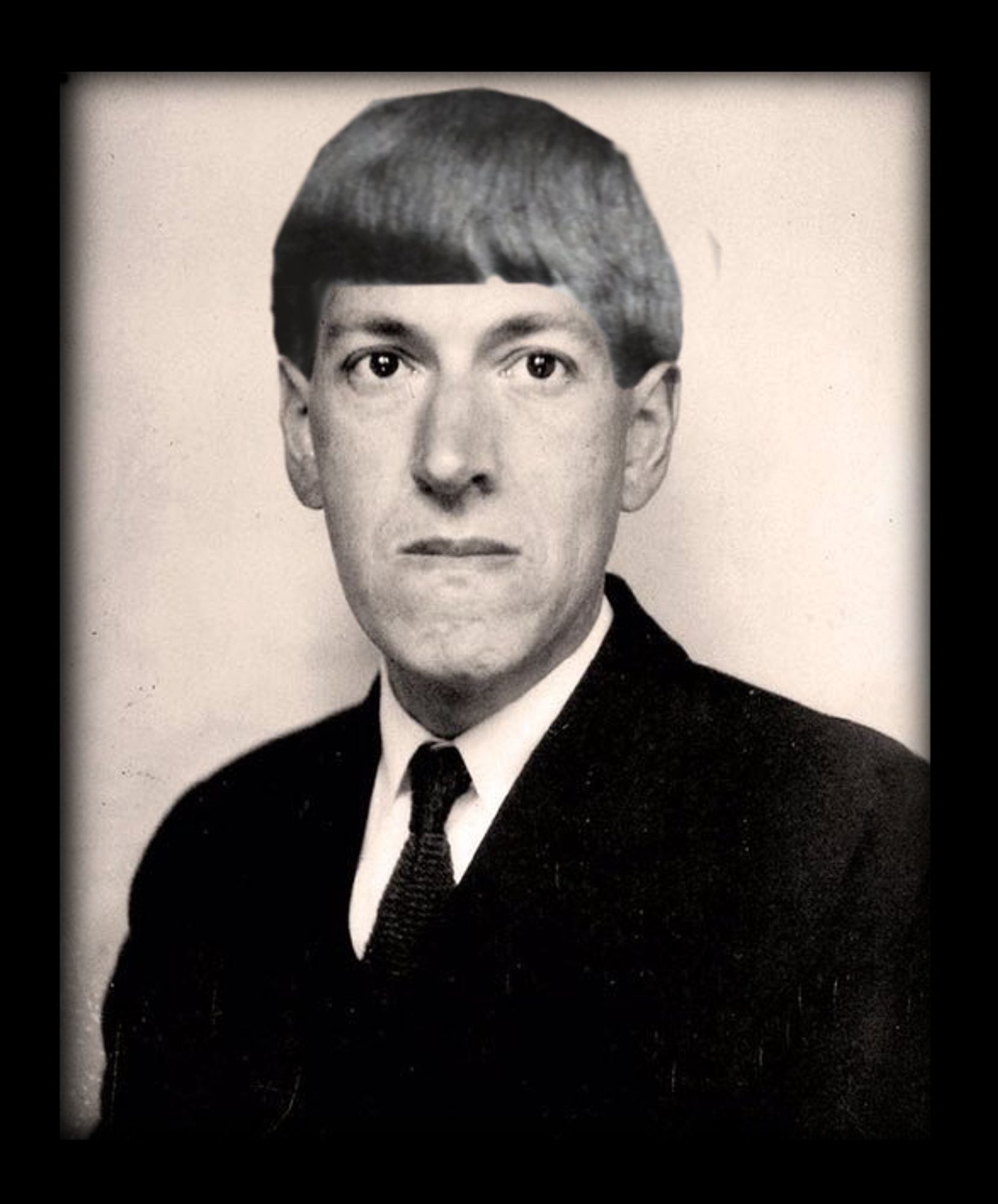 a black and white photo of a serious looking Howard Philip Lovecraft (aka Howie P Lovecraft), but his childhood bowl cut has been photoshopped onto