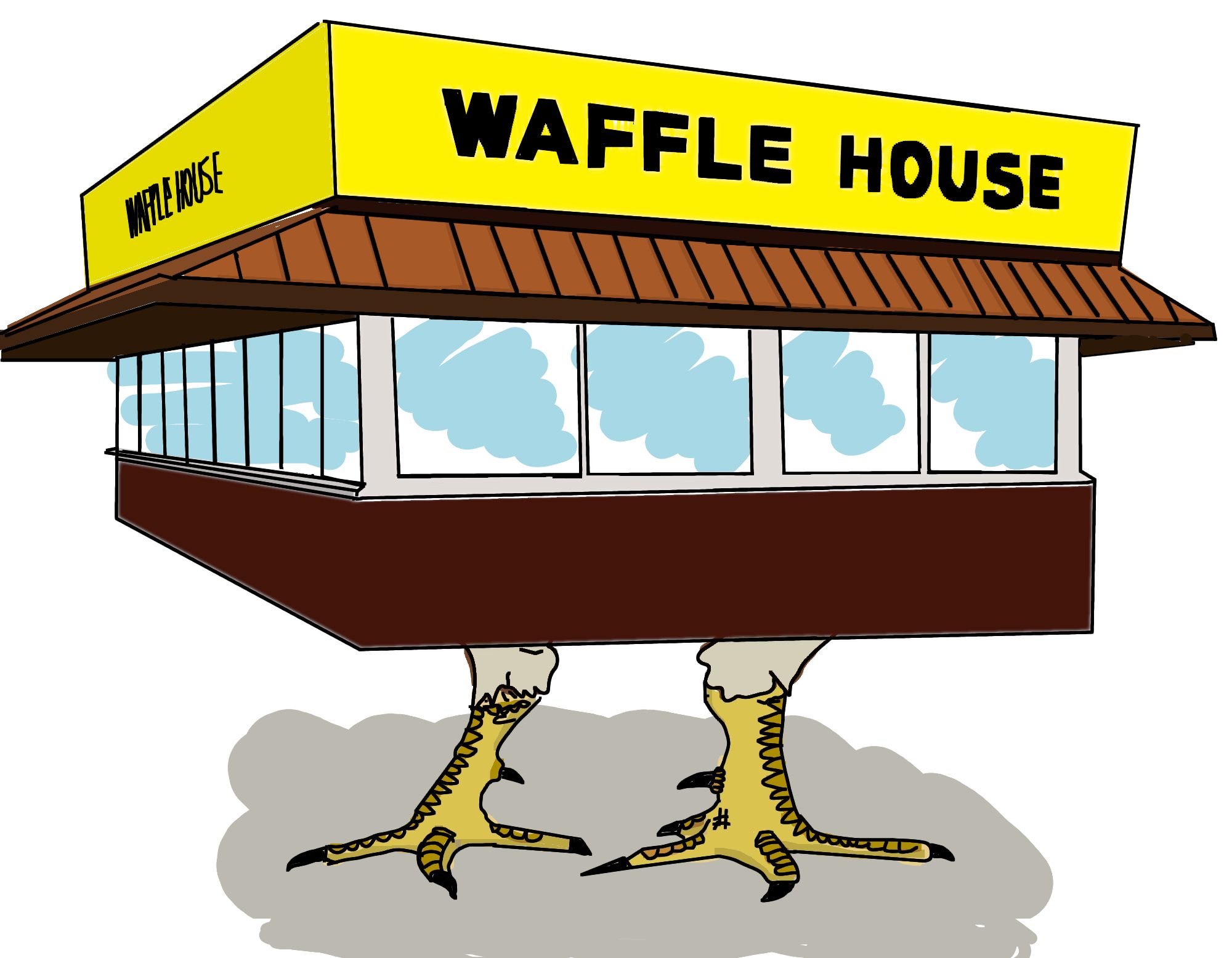 a drawing of a waffle house standing on a large pair of chicken legs