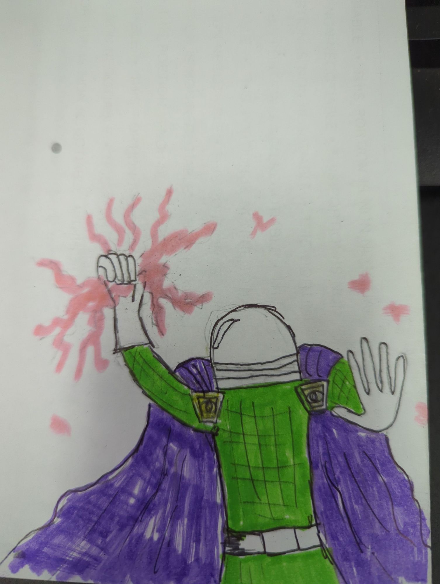 A picture of Mysterio done with pen and highlighter. A man wearing a green jumpsuit, a purple cape, and a fishbowl on his head.