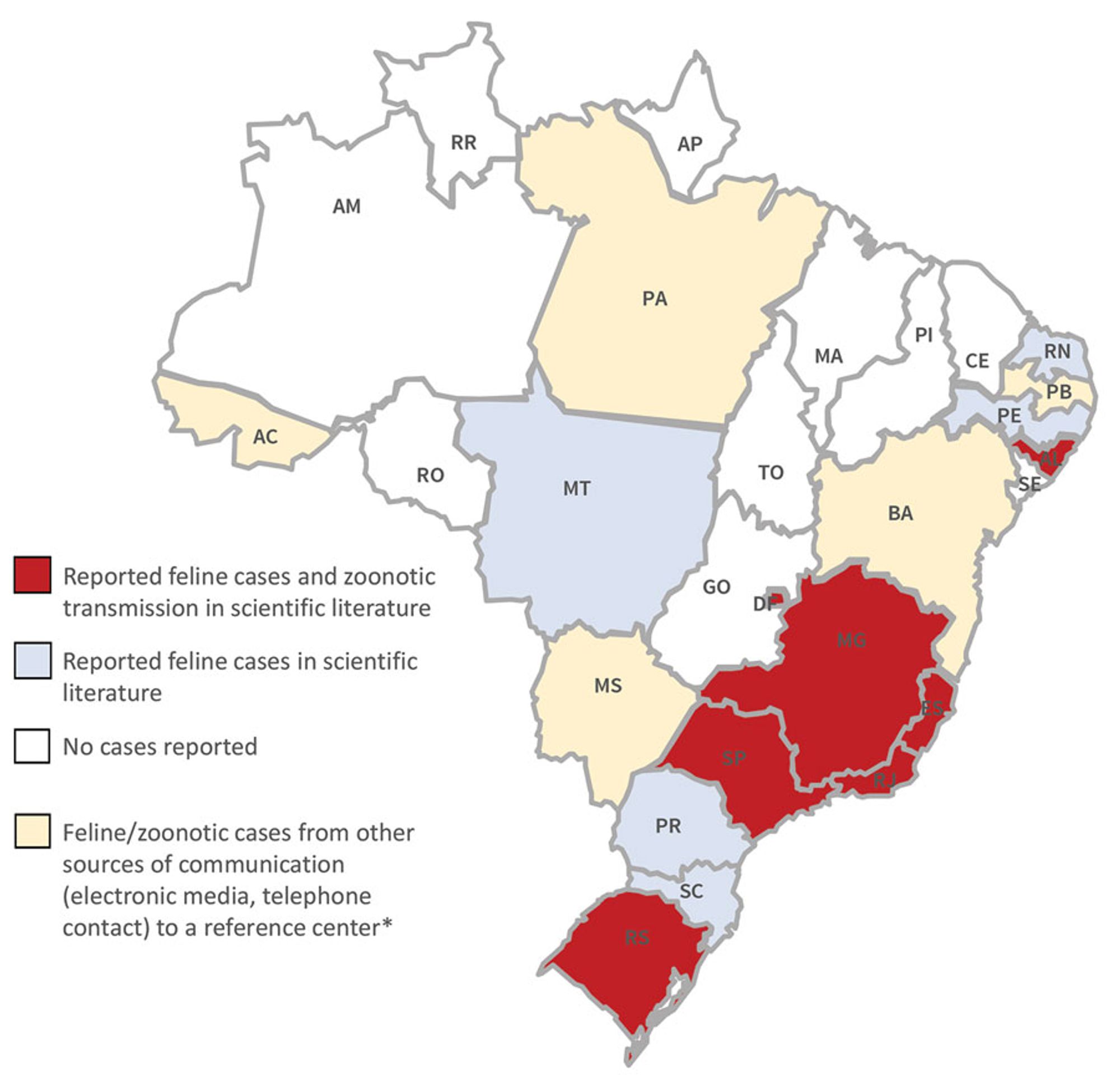 Map of Brazil showing intense transmission of sporotrichosis in Minas Gerais, São Paulo, Rio de Janiero, Espirito Santo, and Rio Grande del Sul