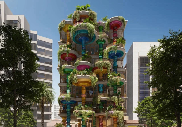 a 8-10 story building with large colorful discs jutting out of the front and sitting on colorful and whimsical support beams, each platform covered in plants and hanging vines