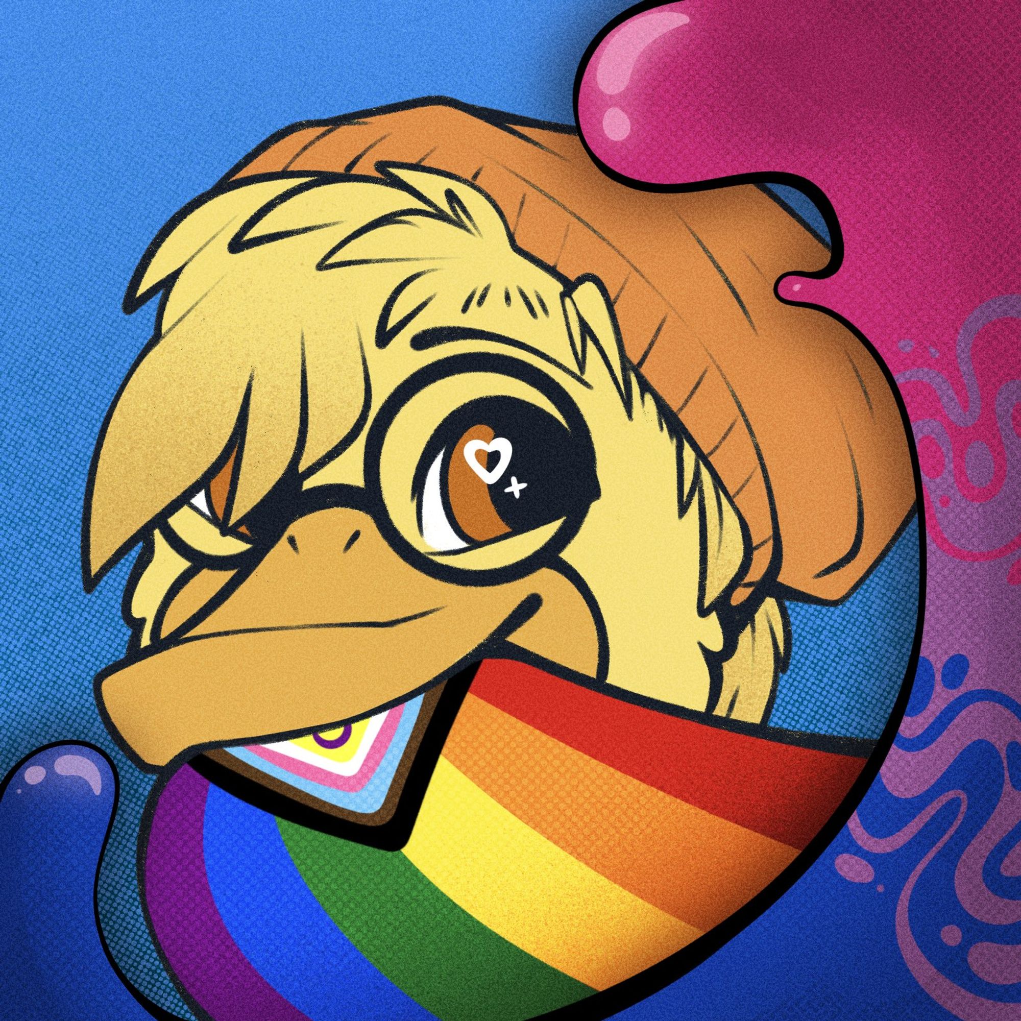 A duck with glasses and a beanie, using the YCH base, with the progress pride flag and the bisexual pride flag.