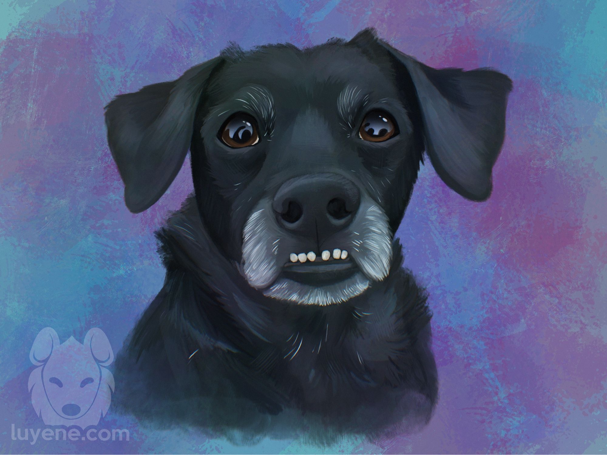 A digital painting of a black dog with floppy ears and brown eyes. His muzzle and eyebrows are grayed due to aging. He has a noticeable underbite that show the bottom incisors.