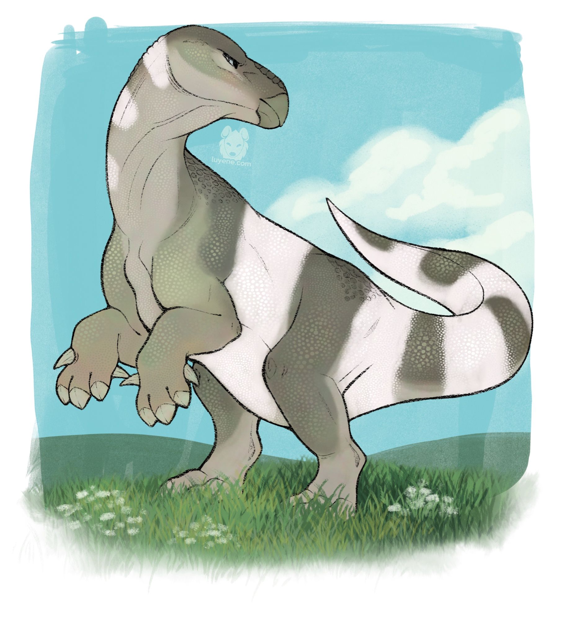 An iguanodon with the barred skin (green base, thick white stripes) from Path of Titans tearing up on her hind legs to look behind her with a simply rendered background of a hilly landscape.