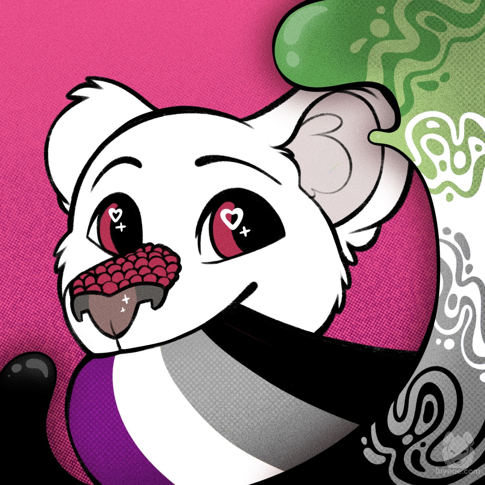 A maneless white lion with magenta scales on his nose, using the YCH base, with the asexual pride flag and the aromantic pride flag.