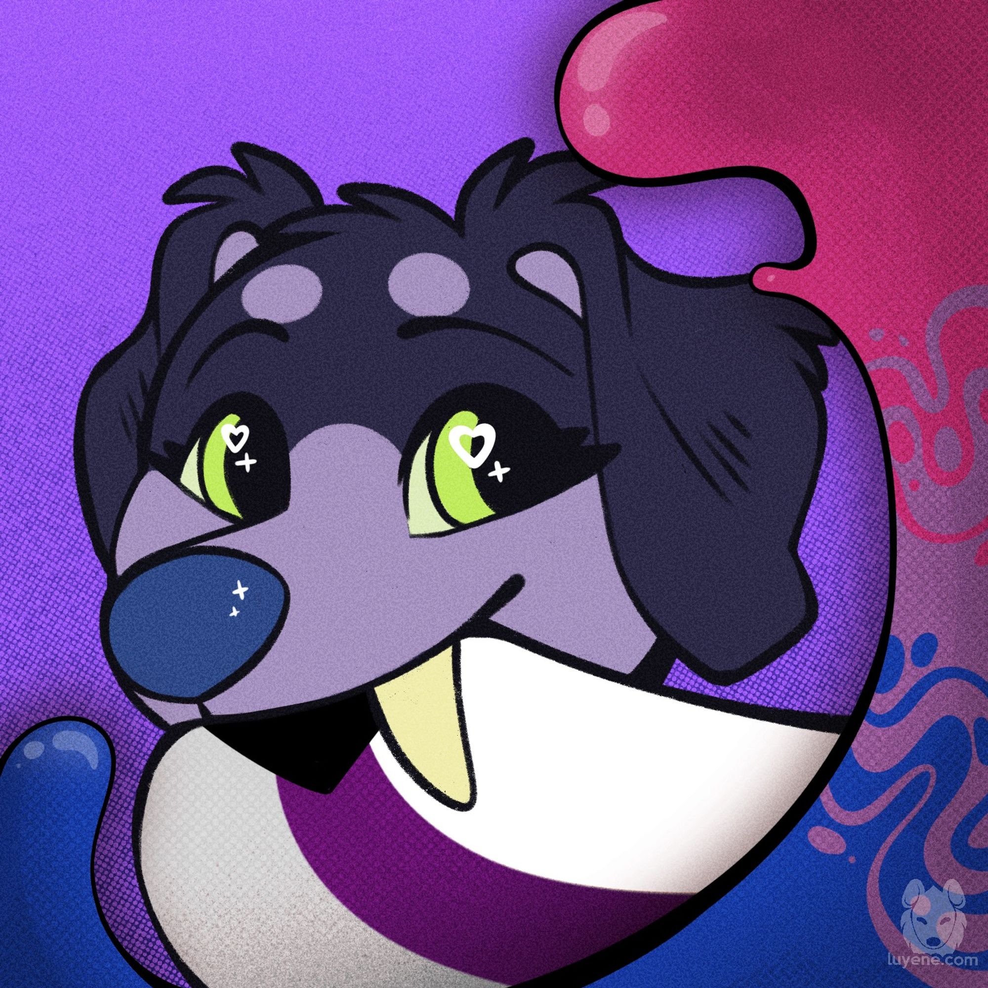 A purple dog, using the YCH base, with the demisexual pride flag and the bisexual pride flag.