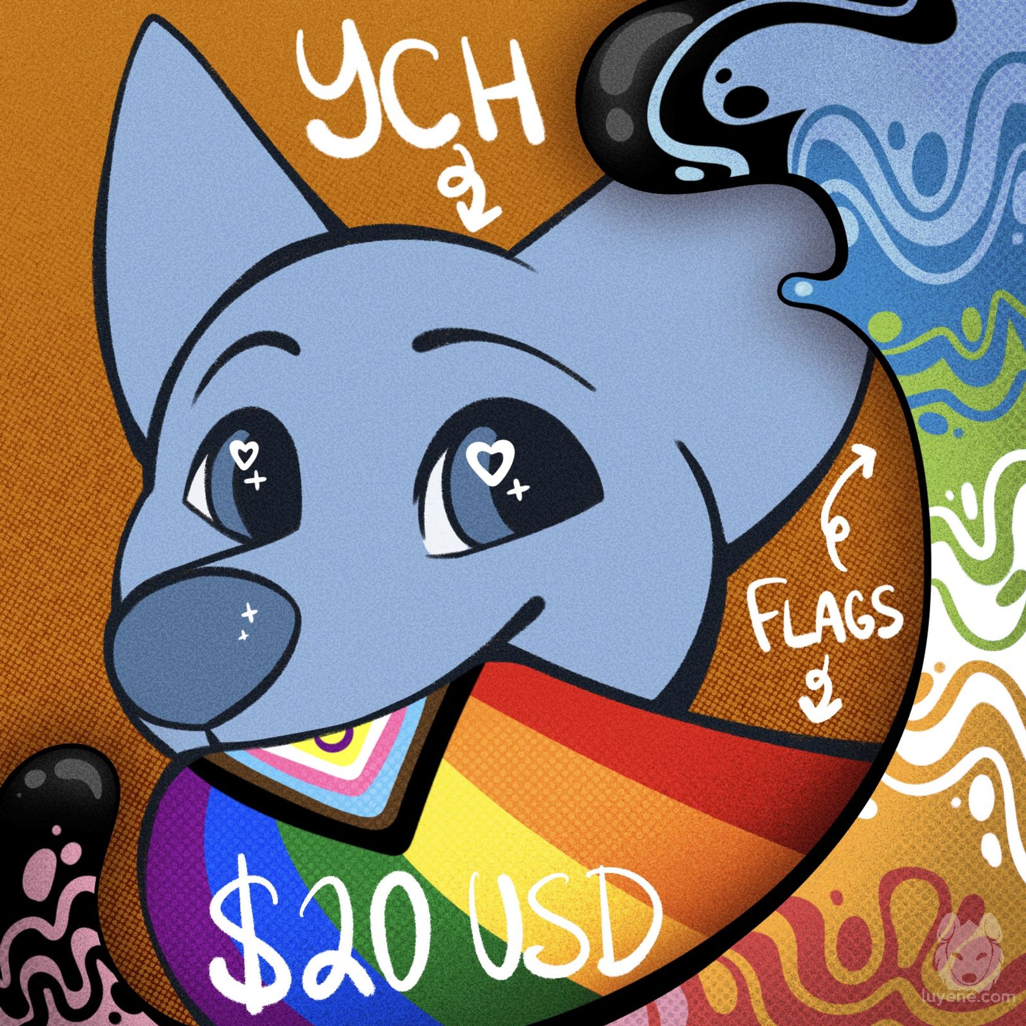 A base for the YCH. A placeholder canine character holds a progress pride flag while liquid in the colors of the queer pride flag swoop to the right.