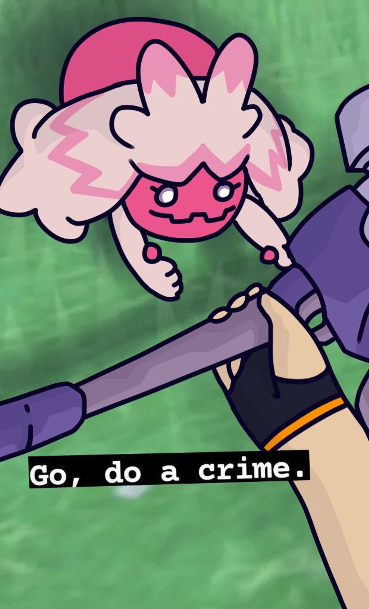 Imagem mostra o pokémon TInkaton recebendo uma marreta do treinador com a legenda "Go, do a crime" (vá, cometa um crime)