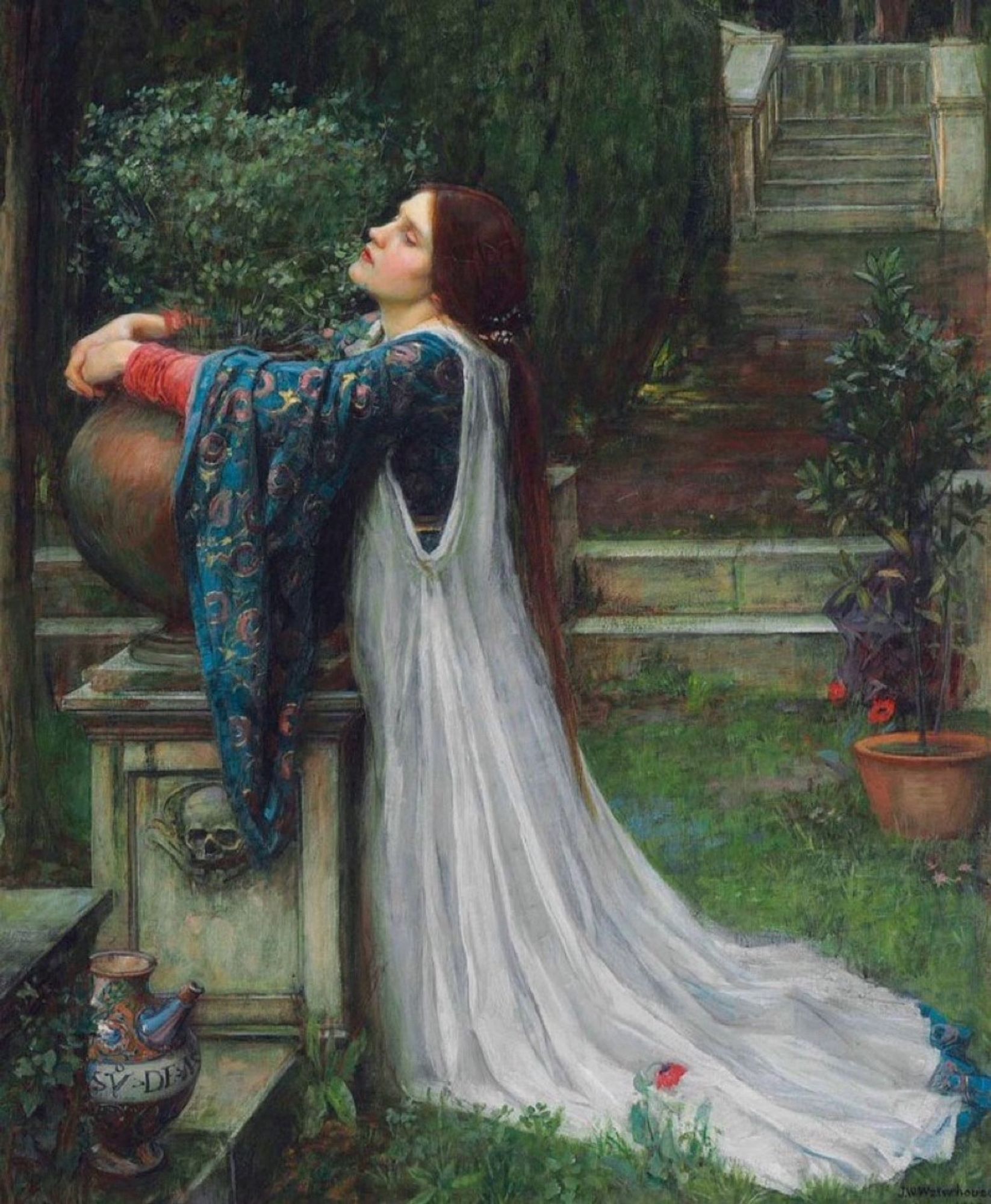 John William Waterhouse.
Eine Frau kniet im Garten, sie trägt ein langes Gewand und hat ihre Arme um eine Blumenkübel geschlungen. Sie hat die Augen zu und den Kopf leicht nach hinten geneigt.