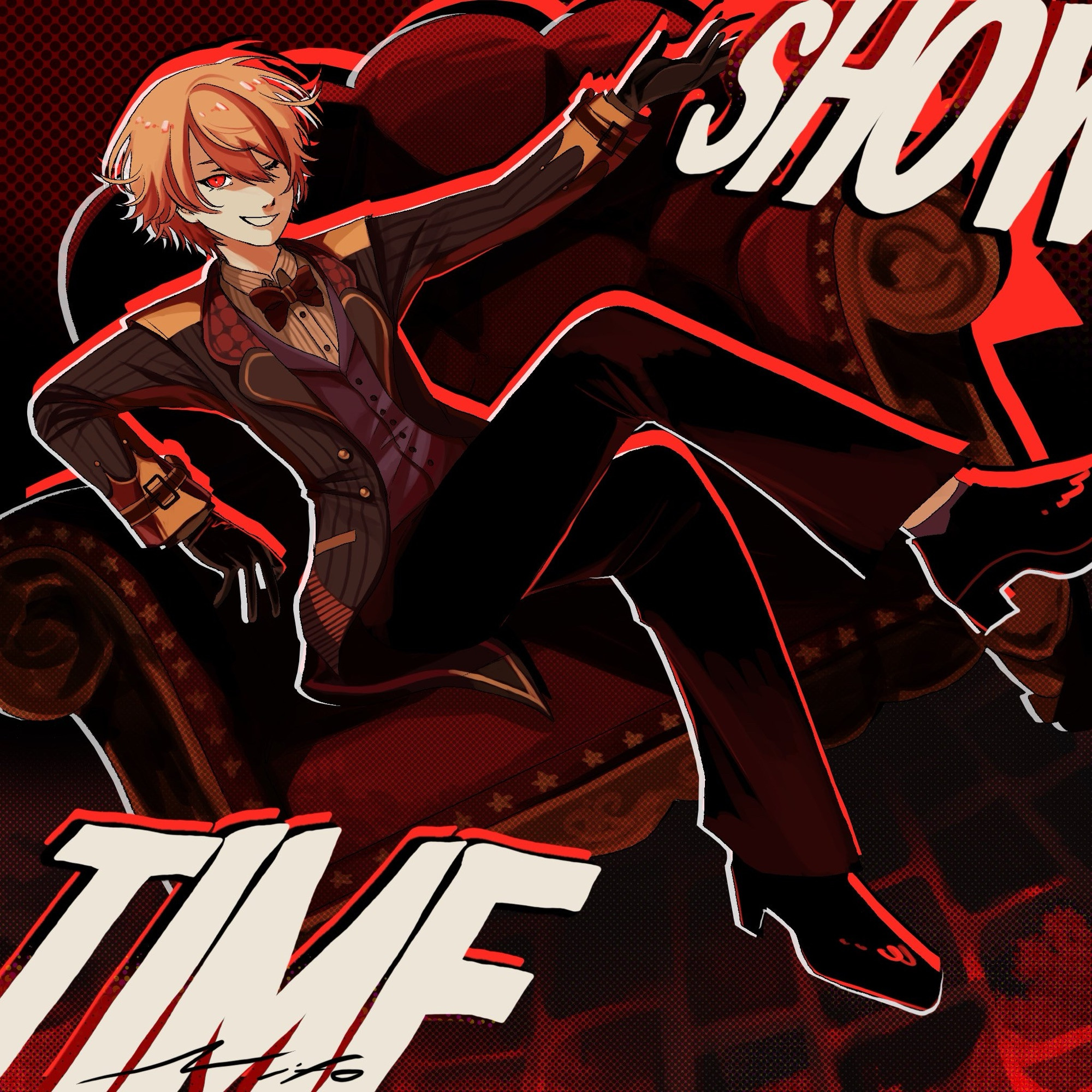 potato tsukasa on a comfy chair surrounded by red lighting. the word ‘show’ is in the top right corner, accompanied by the word ‘time’ in the bottom left corner.
ART IS BY NIFOFOUR ON TWITTER!