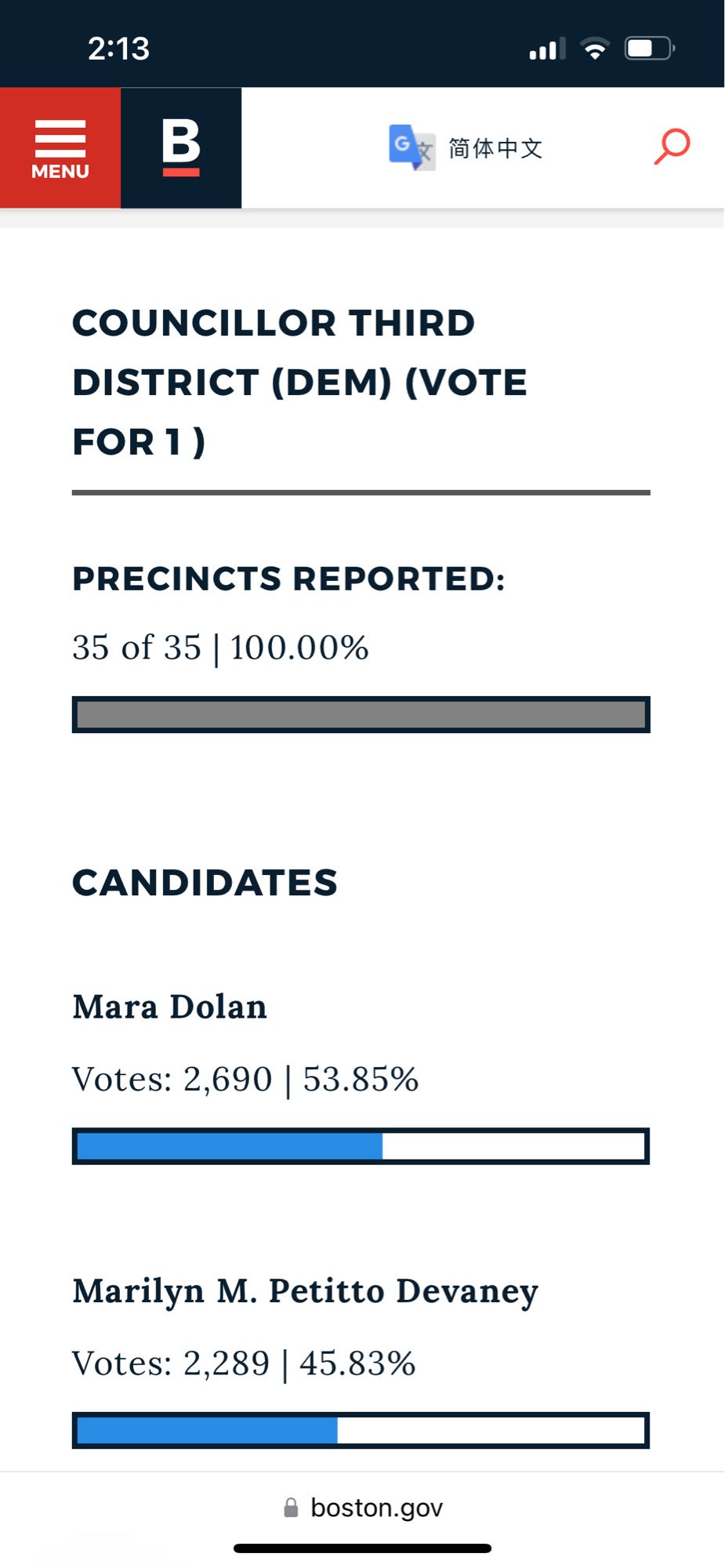 Preliminary election results from City of Boston website showing Mara Dolan has won her Governor’s Council preliminary election.