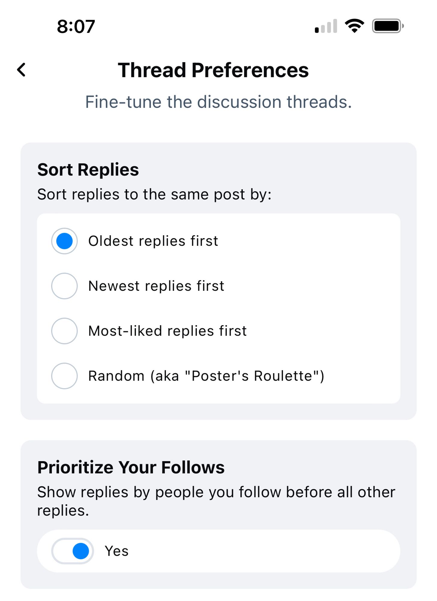 Settings, Thread Preferences: Oldest Replies First