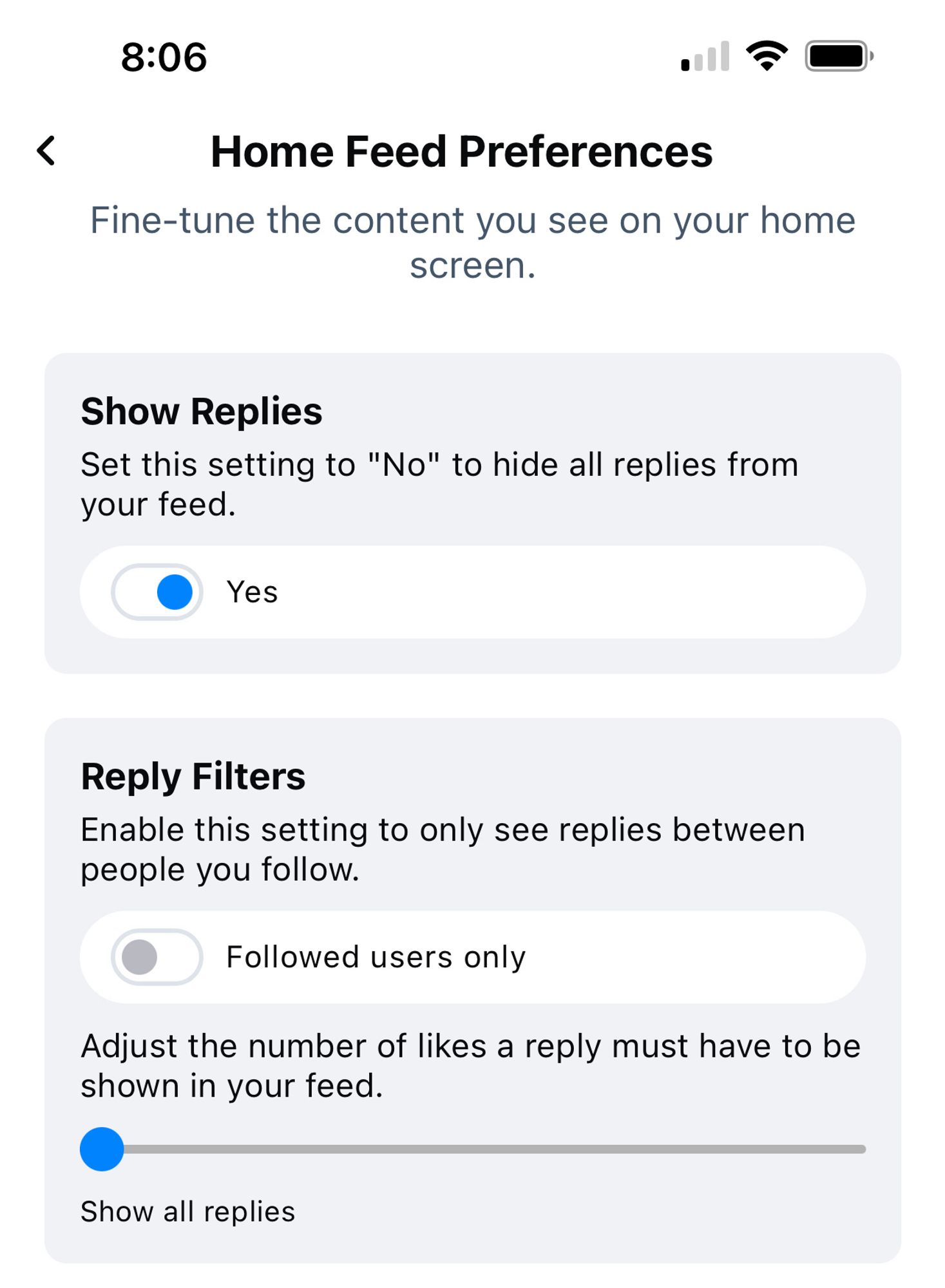 Settings, Home Feed Preferences: Show Replies turned to Yes, Reply Filters number of likes required all the way down