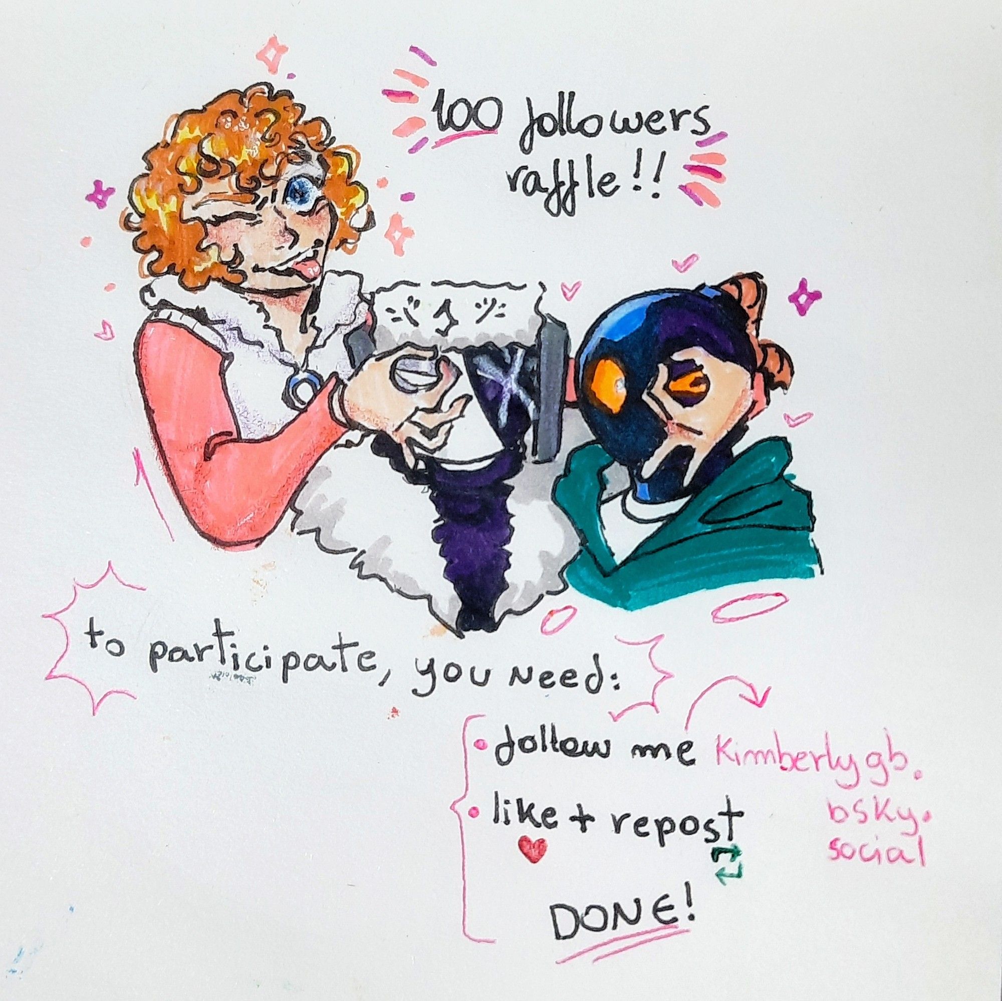 Traditional art featuring an oc with short curly hair wearing a pink long sleeve shirt alongside friday night funkin characters Ruv and Whitty.

The text on top says "100 followers raffle!", while the text below is written "to participate, you need:
Follow me (kimberlygb.bsky.social)
Like + repost
Done!"