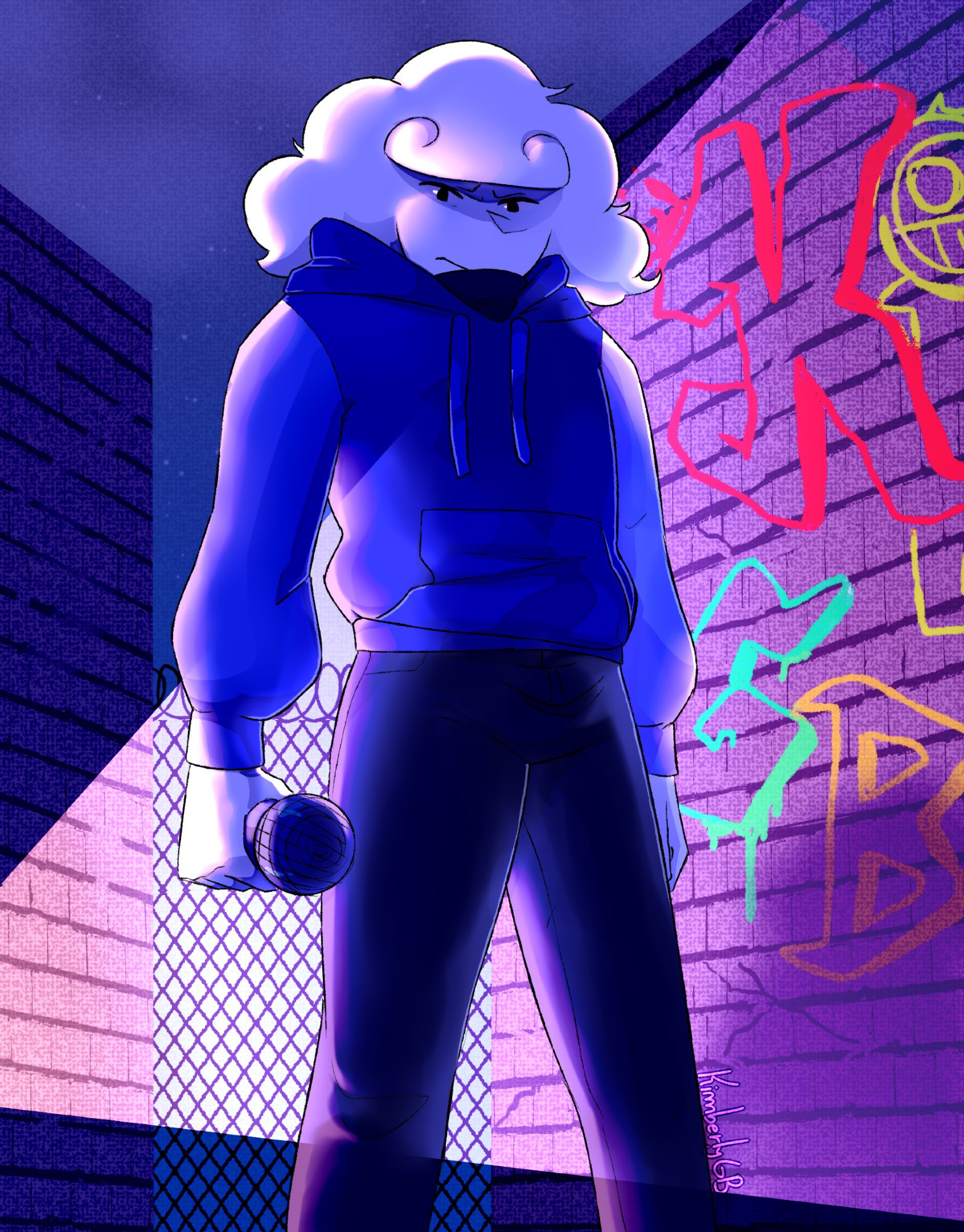 Gabriel standing in front of a light as he holds the mic in his right hand, he wears a blue hoodie akin to Whitty in the original FNF mod