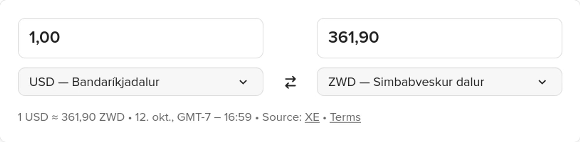 Gjaldeyrisskipti 1 USD gefur þér 361,90 Simbabveska dali.

Milljón simbabvískir dalir eru ekki nema u.þ.b. 500 þúsund íslenskar krónur.