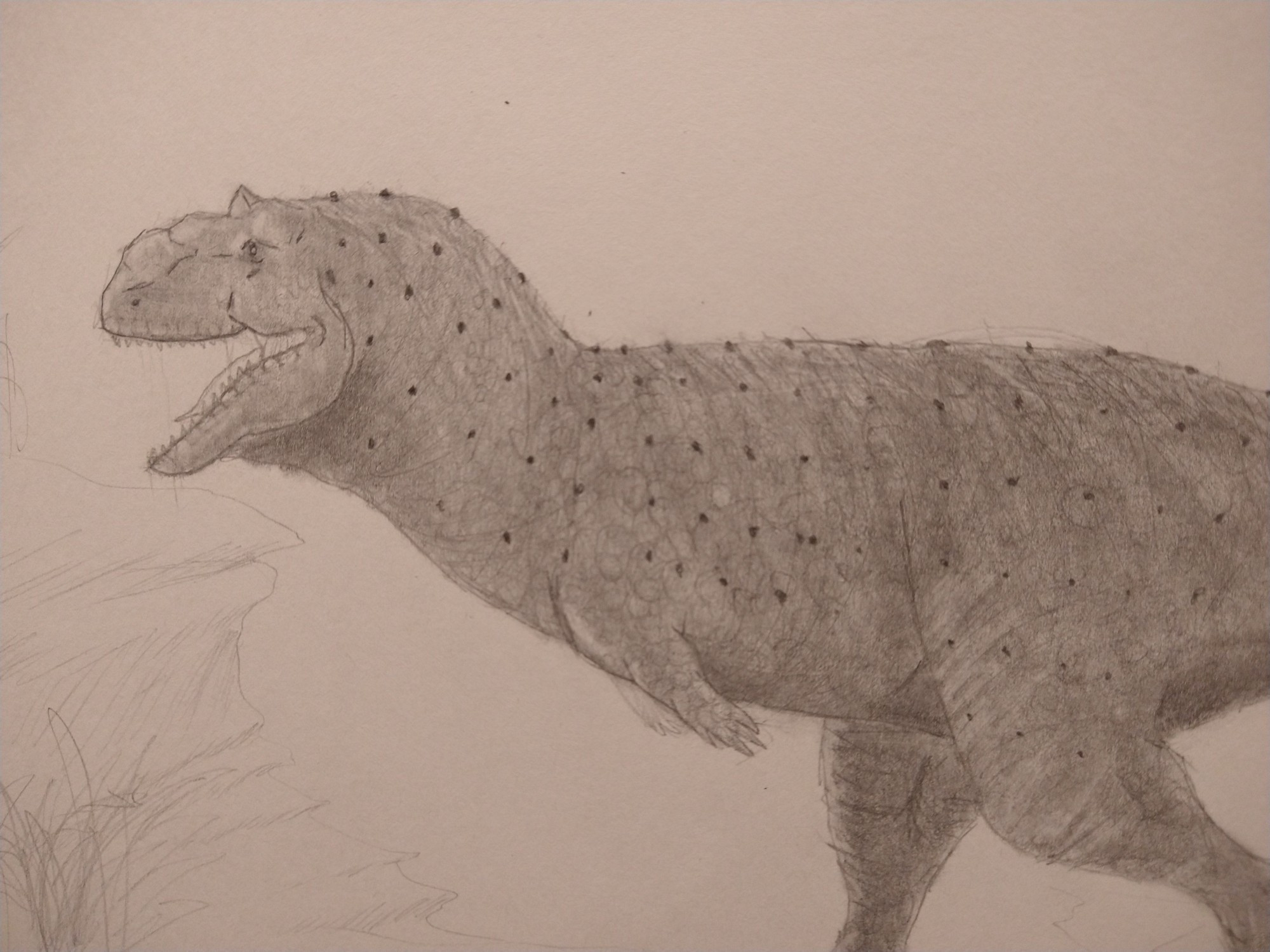 A Majungasaurus (a theropod dinosaur sausage with diminutive arms and an even more diminutive brain, and also a horn) staring vacantly into the page