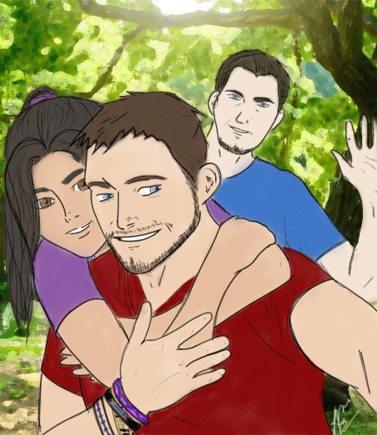 Titus Drautos takes a selfie with an OC hugging his neck and Cor Leonis in the background waving.