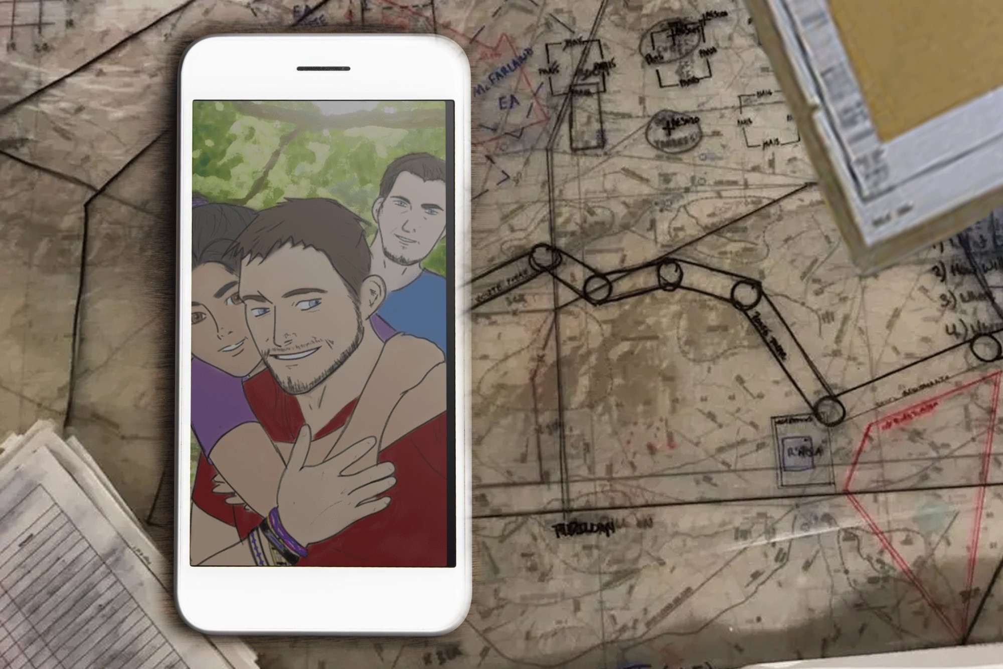 Titus Druatos phone with picture of selfie of him OC and Cor Leonis on was busy war table.