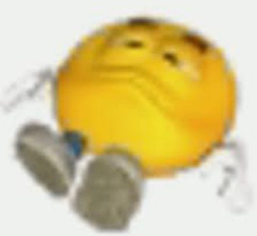 A very blurry, low-res yellow emoji with floating hands and a pair of legs laying down on a white void floor. 

It is unsure what kind of emotion the 3d emoji conveys. it could be either tired, sleepy or unhappy. perhaps altogether even