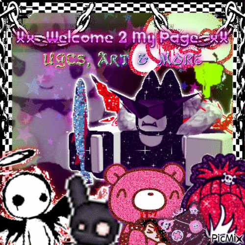 A heavy, glitter-loaded gif done via website PicMix.

The header in first line says "Xx_Welcome 2 My Page_xX" in stylized, shiny pink fonts while second line says "UGCs, Art & More" in chrome fonts with rainbow outlines.