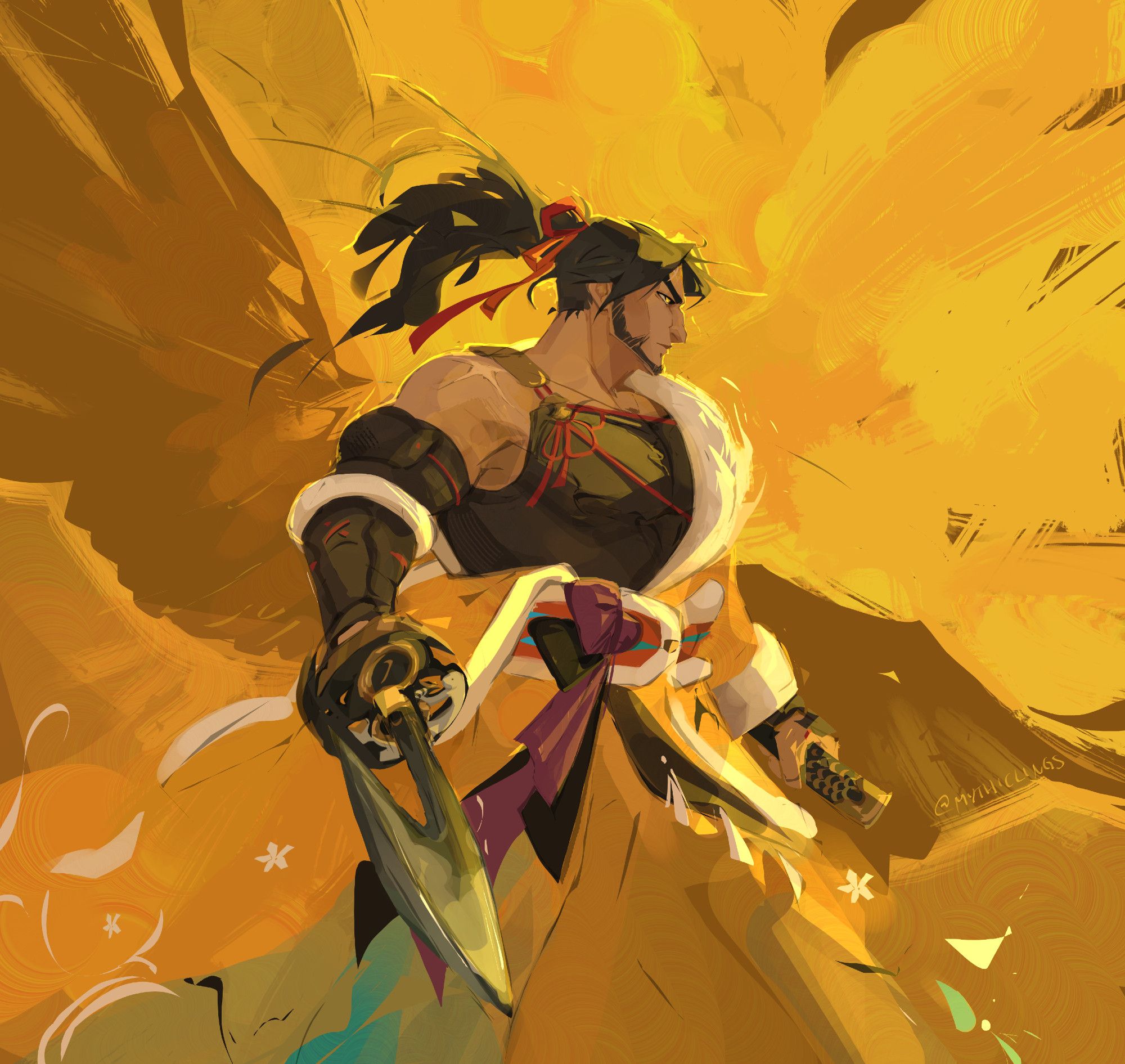 hien rijin on a yellow brackground where the arragement of the coloring makes wing shapes around the character