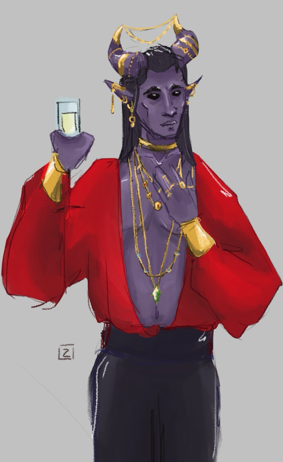 Digital painting of Niklaus, posed with his hand to his heart, holding up a glass in the other hand, with a low cut red shirt and decked out in golden jewelry 