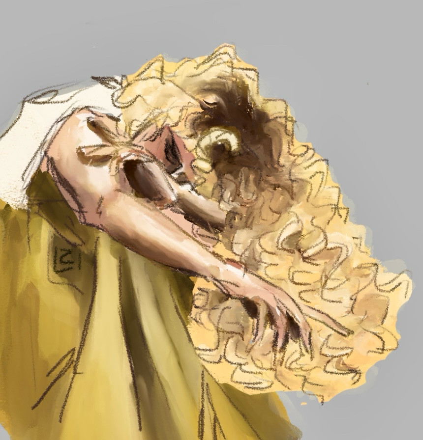 Digital painting of Glorfindel, posed leaning over something with his arm outstretched, and his face hidden.