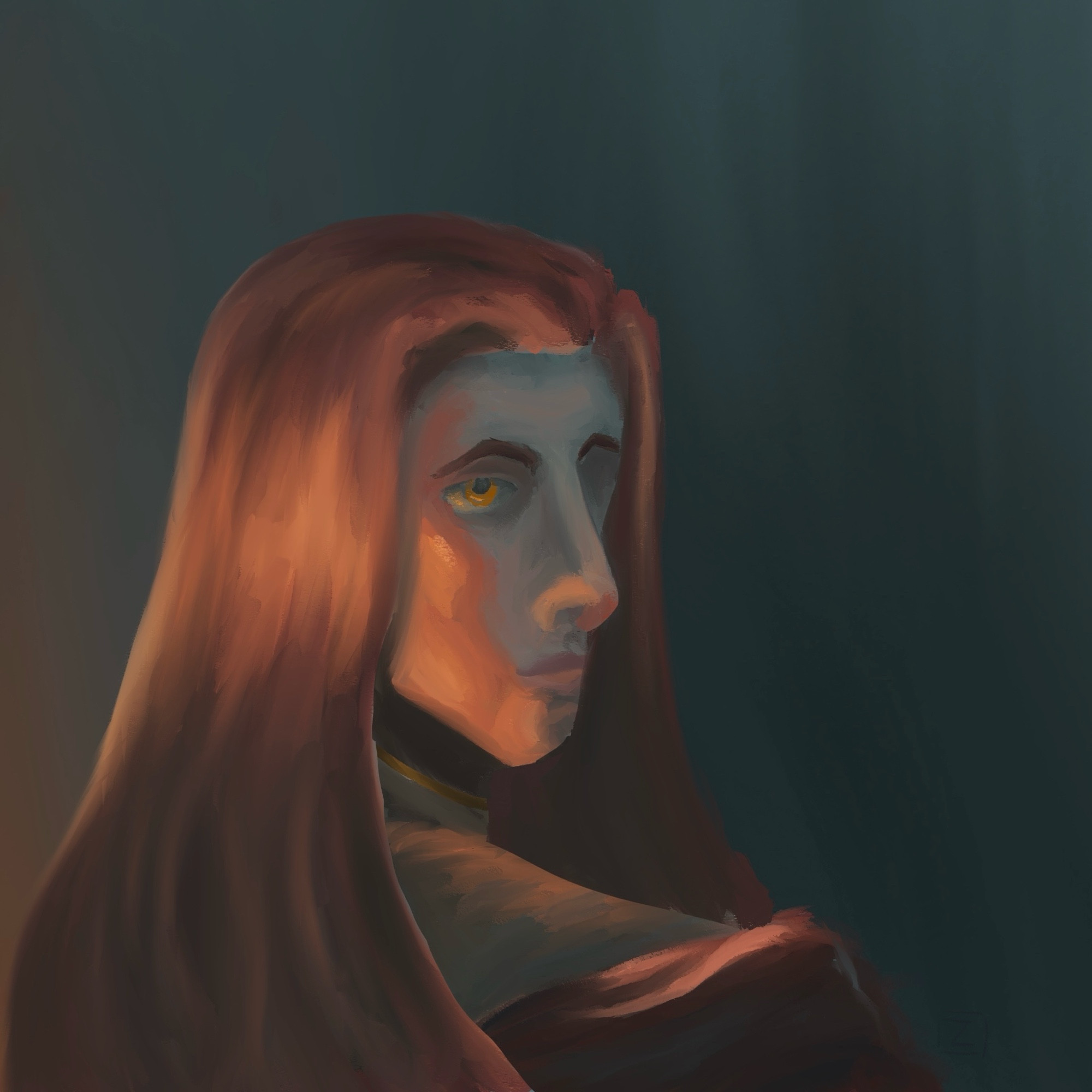 Digital painting of Mairon. Posed looking over his shoulder, in low lighting 