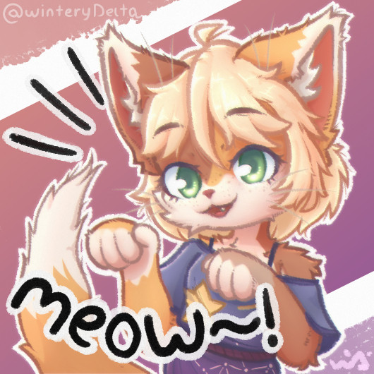 an orange and brown fox/cat with blonde hair, wearing a blue dress, captioned with "meow~!"