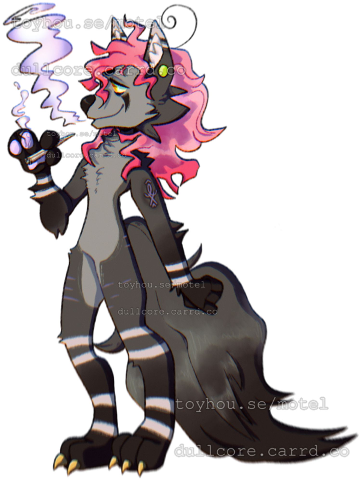 a werewolf with color variation of light and dark grey, light gray stripes on their wrists and legs. they have wavy pink hair, yellow eyes, and a purple curse seal on their upper left arm. they are holding up a joint, blowing out smoke.