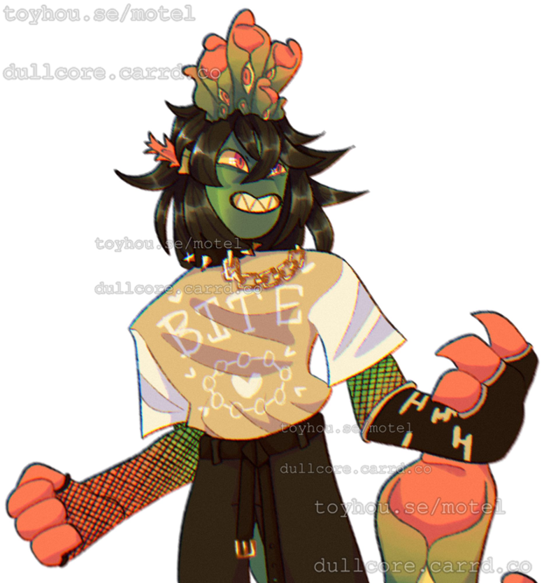 an orange and green humanoid with spiked ears and coral on top of their head. they are wearing black pants with a black belt, a black glove and arm fishnets, a tee shirt that says "BITE" on it, and a spiked collar with a gold chain.