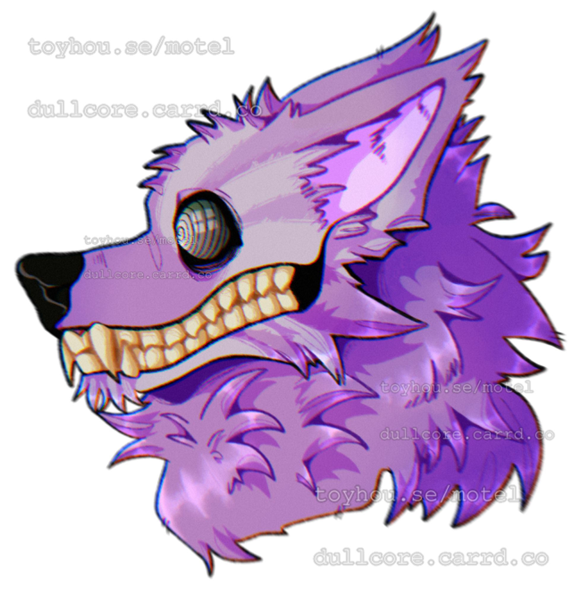 a headshot of a purple canine with a wide toothy smile. they have spiral eyes, black nose, and yellow sharp teeth.