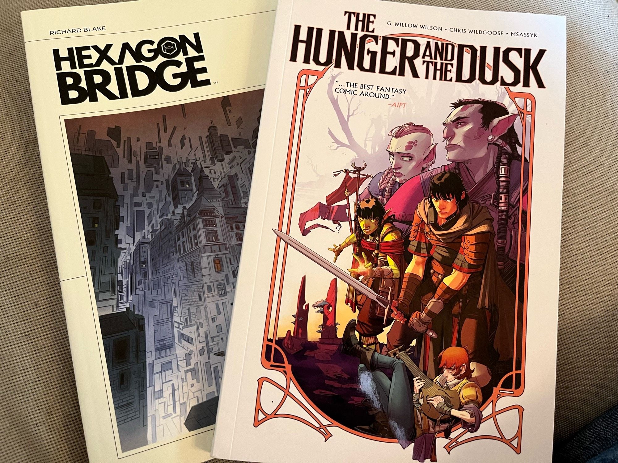 Trade paperbacks of Hexagon Bridge and The Hunger And The Dusk.