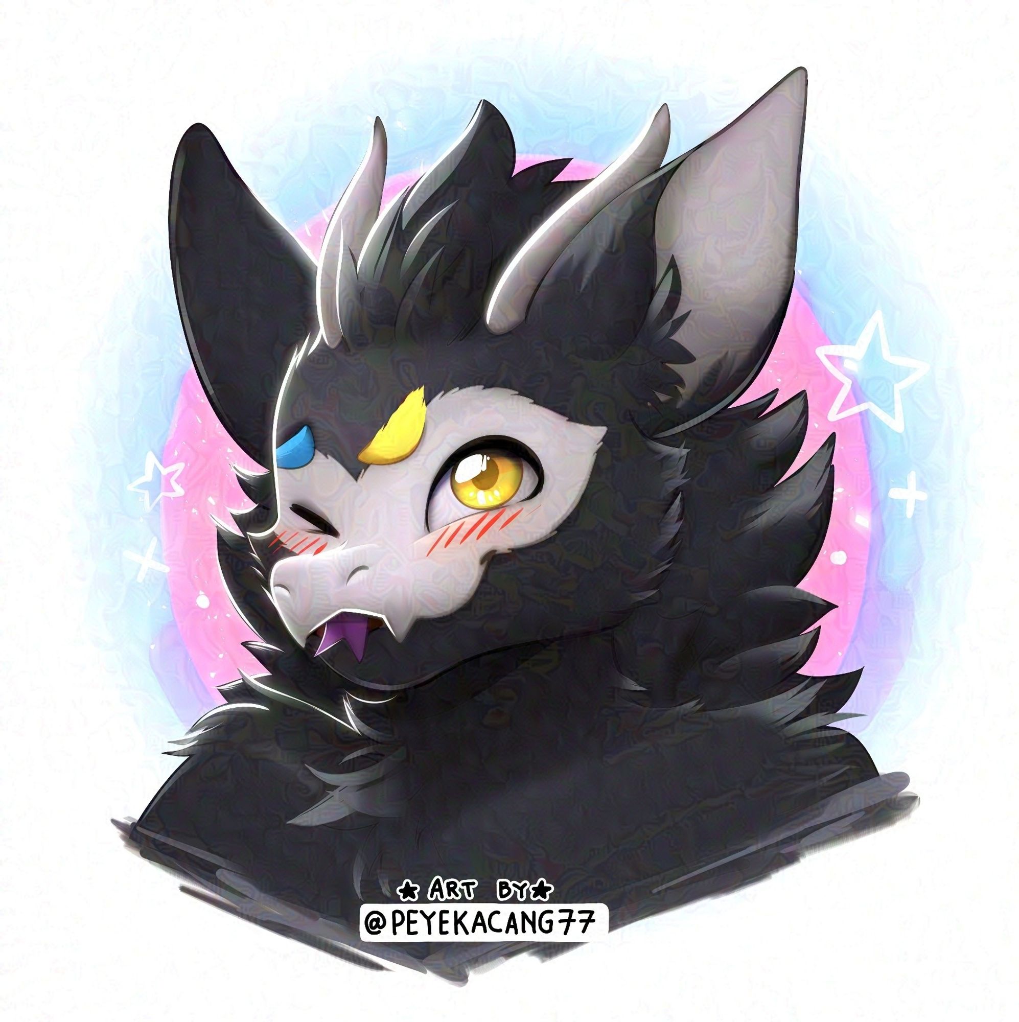 Cute fluffy black dragon fursona potrait furry commission sample by peyekacang77