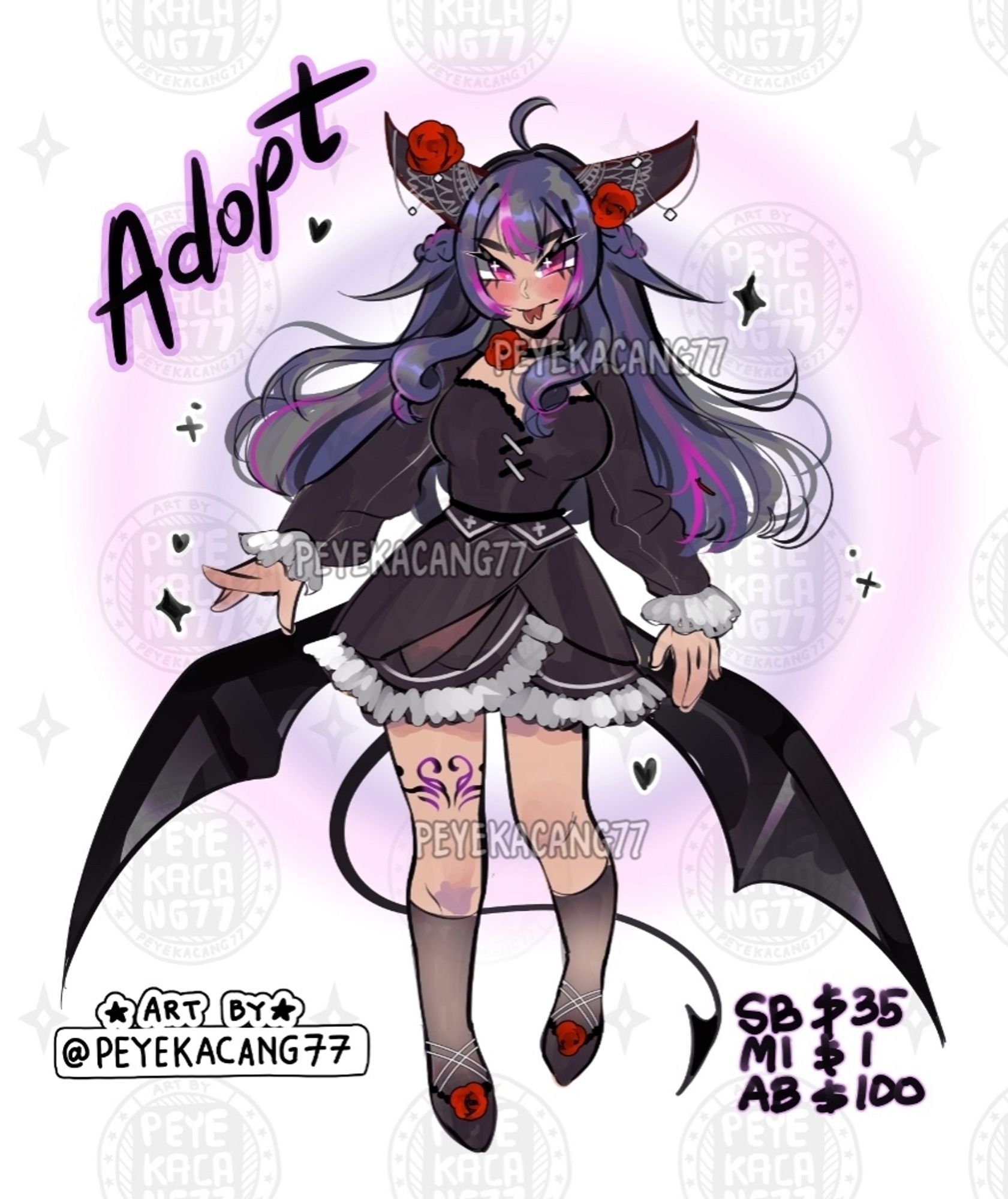 Adoptable art open adopt for sale anime girl character with wing color palette black purple pink by peyekacang77