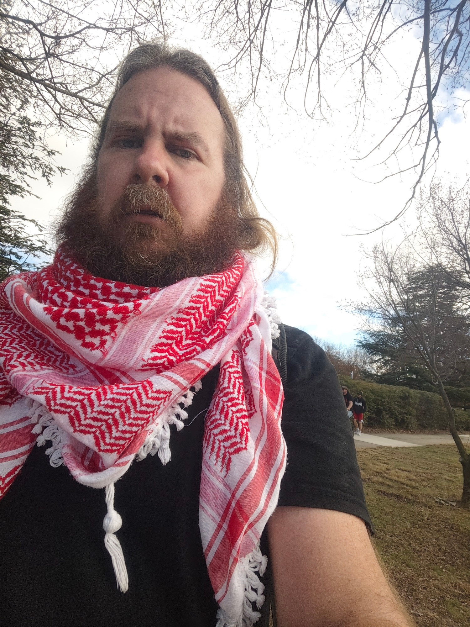 Little ol' me walking back to the city. Scruffy beard, revolutionary kuffiyeh 