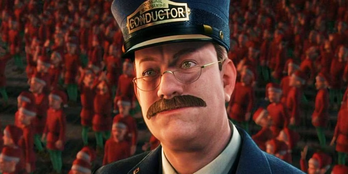 Tom Hanks as a poorly rendered train conductor in the Polar Express. And he's got a bunch of elves in Santa hats, red shirts, and green pants behind him. Or maybe they're not elves. Are they children? Something else? Not sure. You won't get me to watch this creepy-as-hell movie.