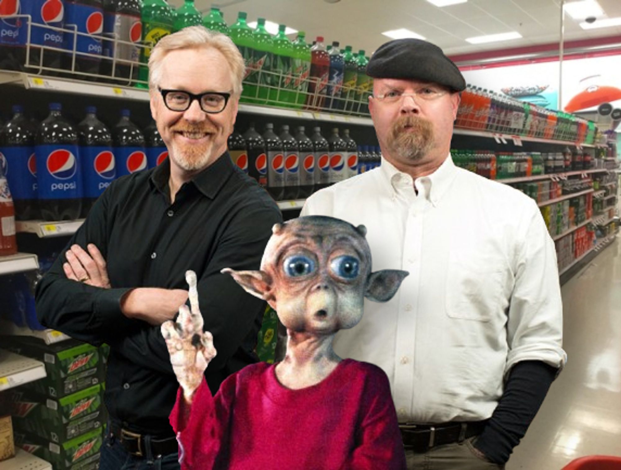 Adam Savage, Jamie Hyneman, and MAC from "MAC and Me" stand in the soda aisle of a grocery store.