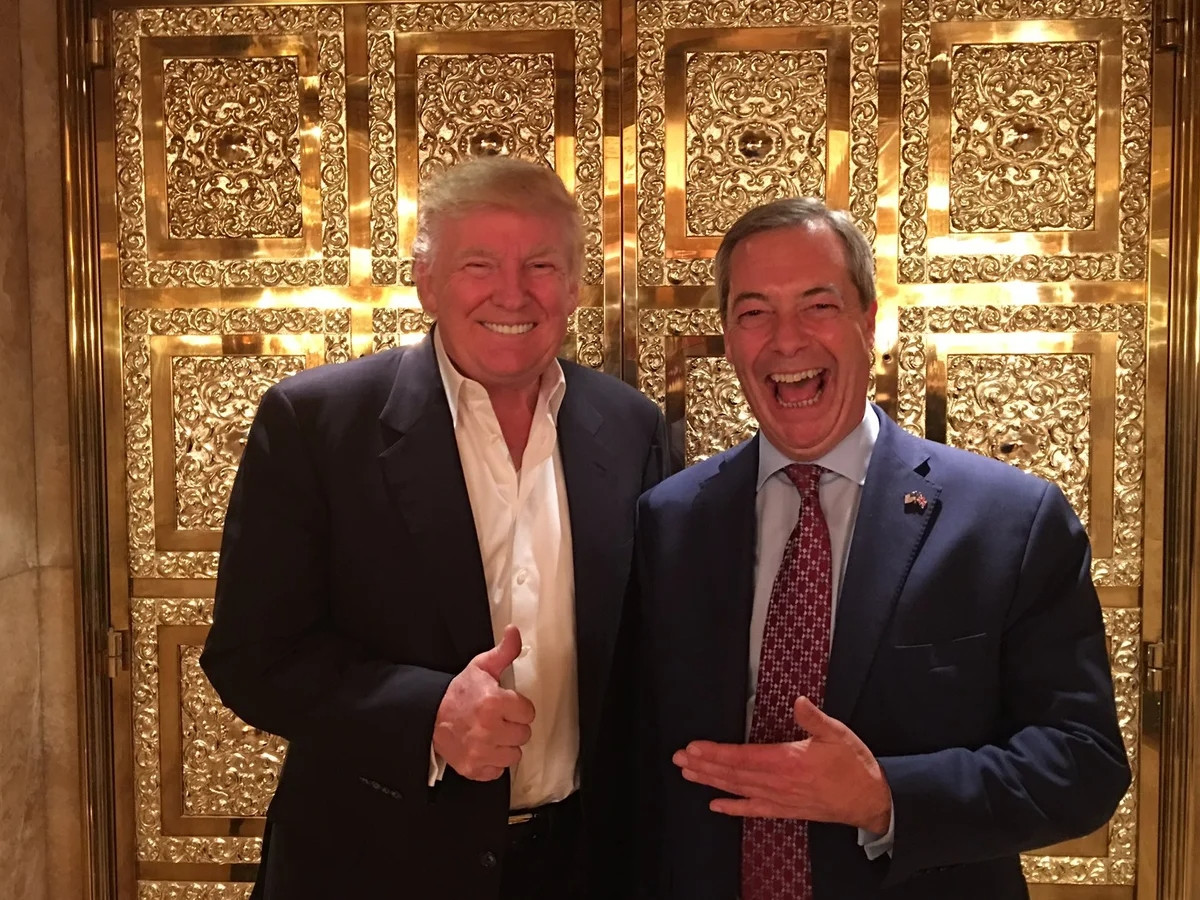 Trump and Farage laughing outside a gold lift