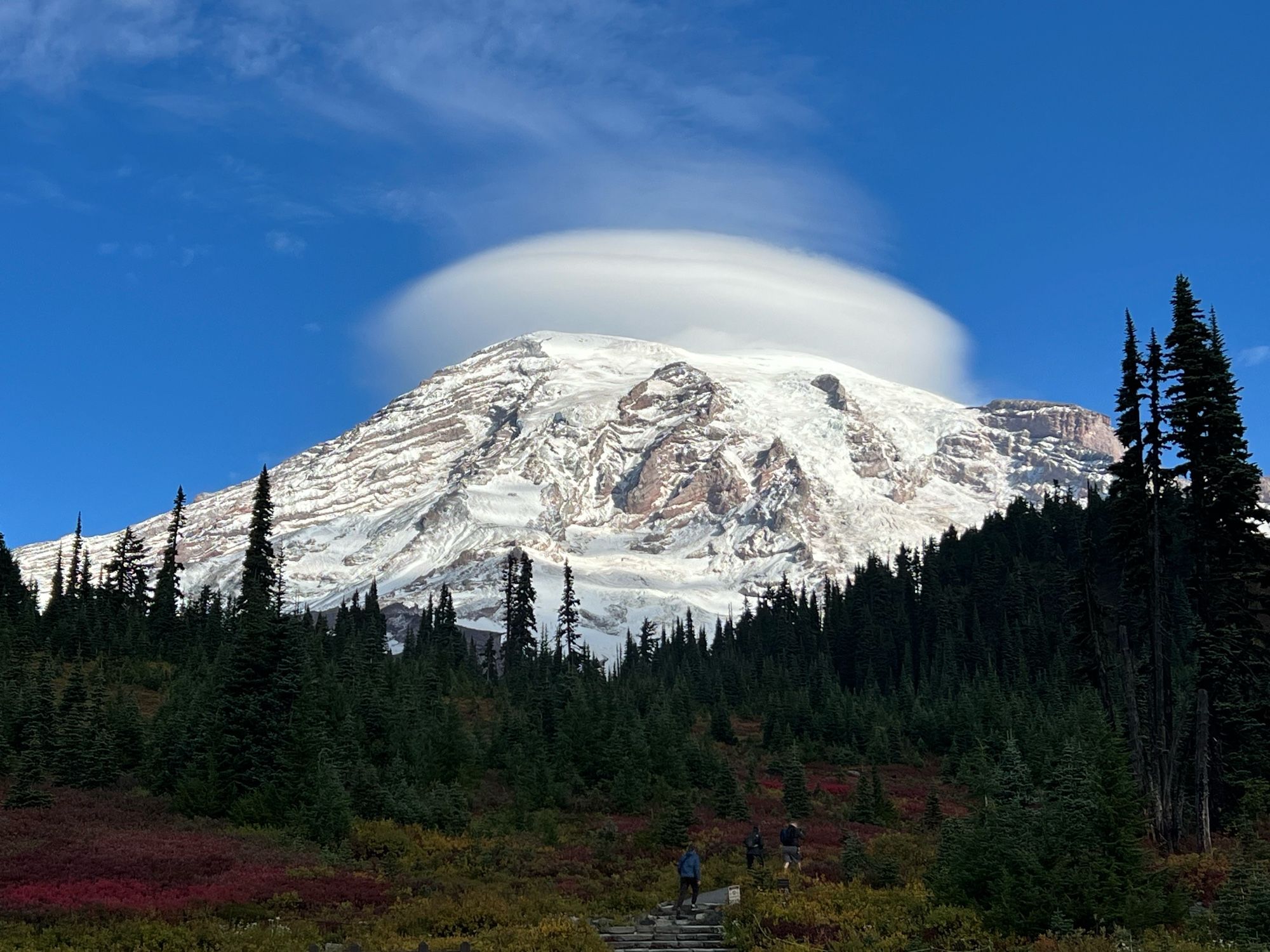 Snow-dusted mountain peak with dome cloud overhead, bright blue sky in background, fir trees and underbrush in foreground