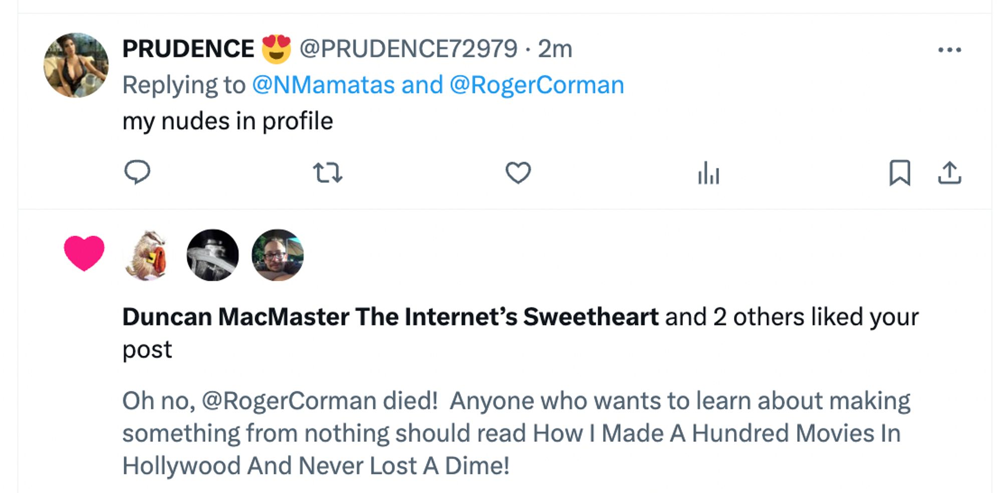 A twitterbot responding to my RIP Roger Corman post by offering us both nudes in her profile.