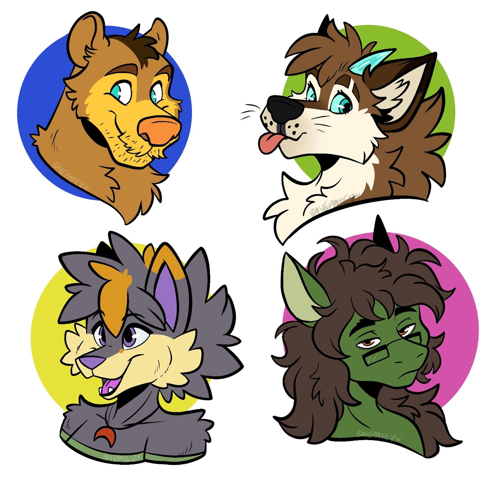 Four portrait drawings of some mutuals' OCs/sonas, from the shoulder and neck up, belonging to Bloodgear, Itsmefern2019, Miffix, and c0ttaterra!