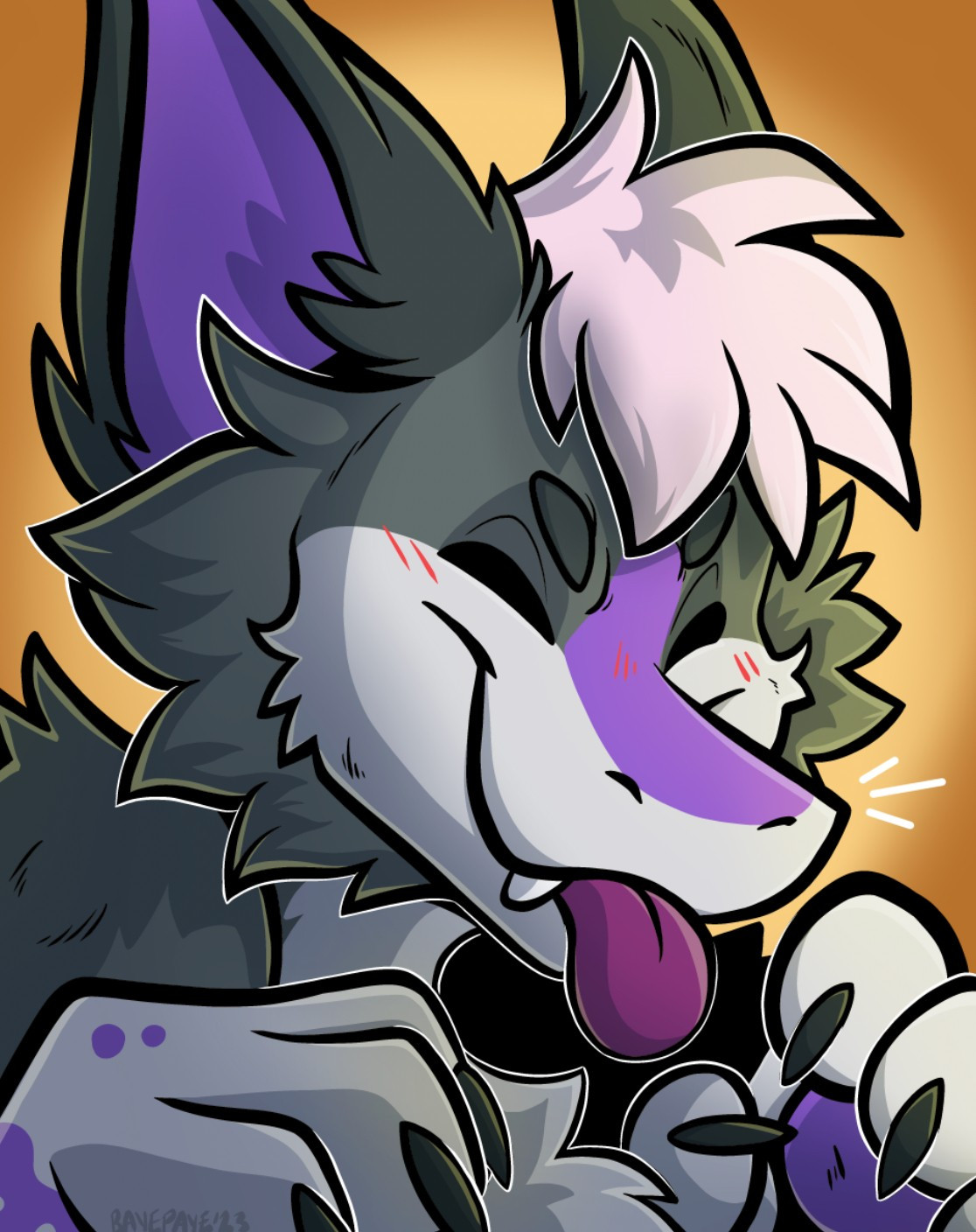 A headshot of a cute manokit with grays and purples in their color palette, making a blep motion with their tongue., looking very happy.